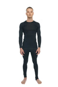 Black long-sleeved compression base layer set in carbon black with raglan crew-neck for activewear use