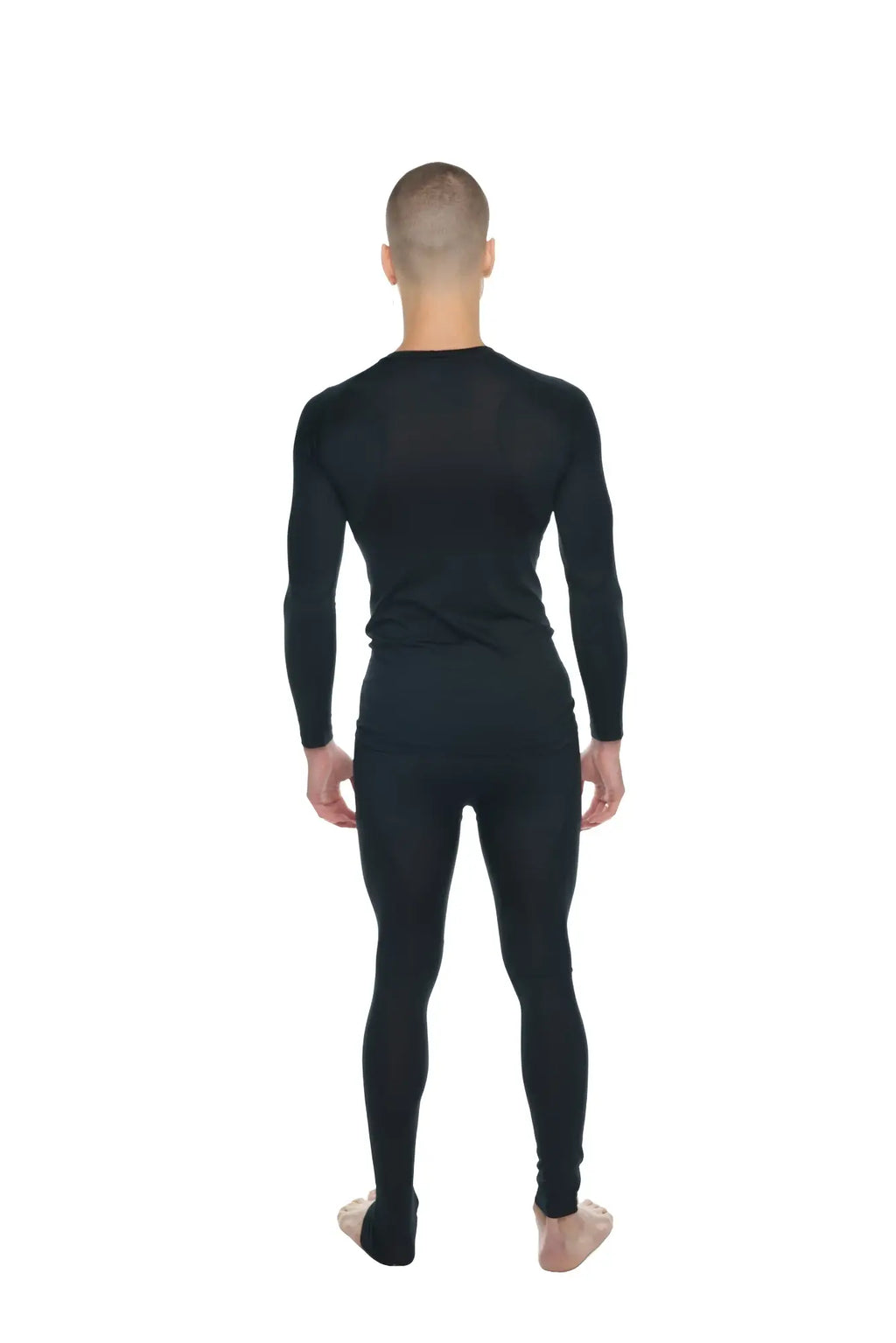 Black long-sleeved full-body compression suit with carbon black raglan crew-neck tee design shown from front