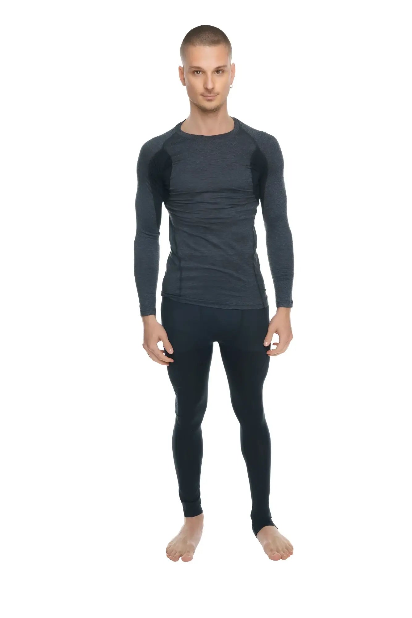 Black and charcoal gray long-sleeve designer raglan crew-neck compression athletic tee with black accent
