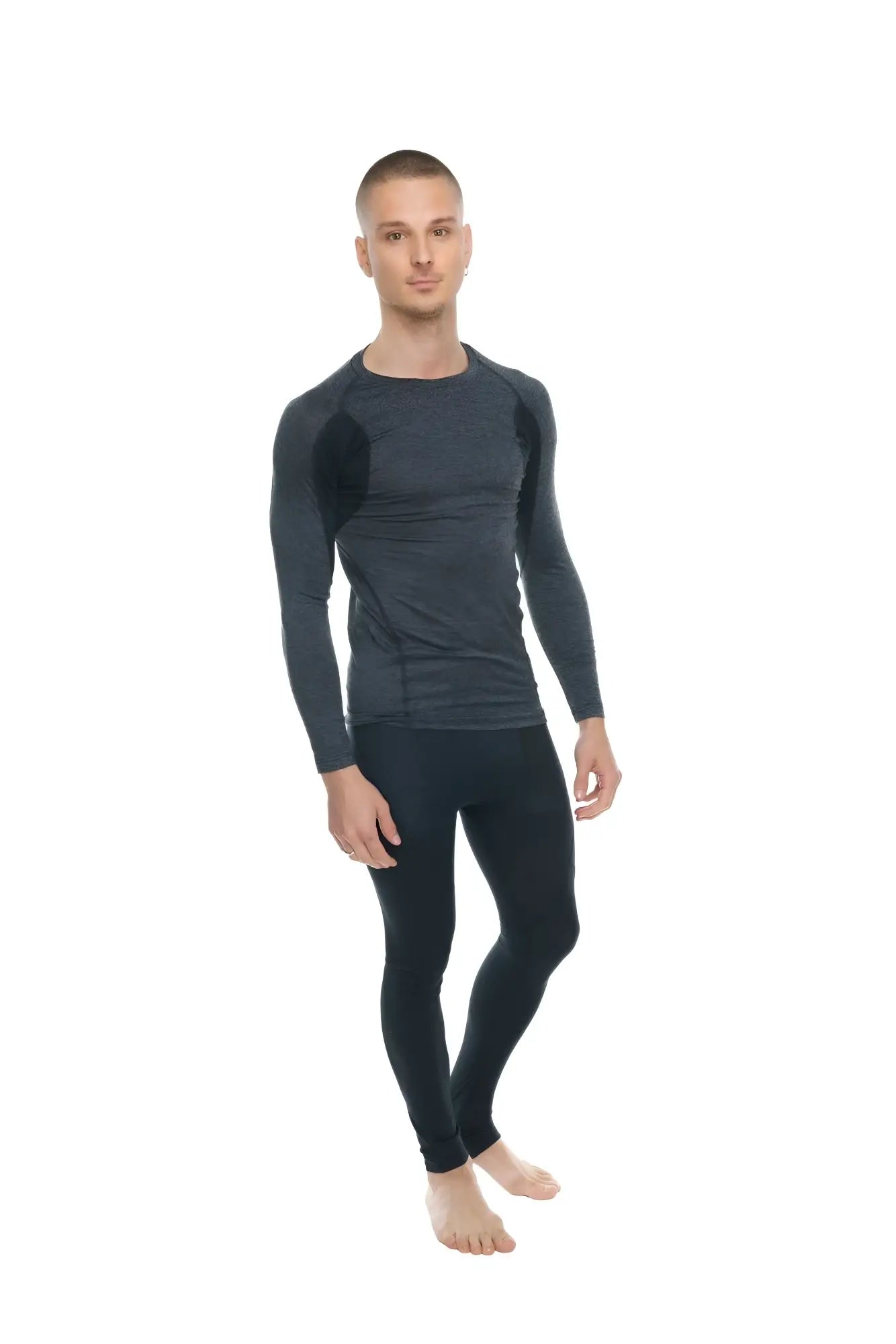 Designer raglan crew-neck tee long sleeve charcoal with black accent featuring textured panels on shoulders and torso