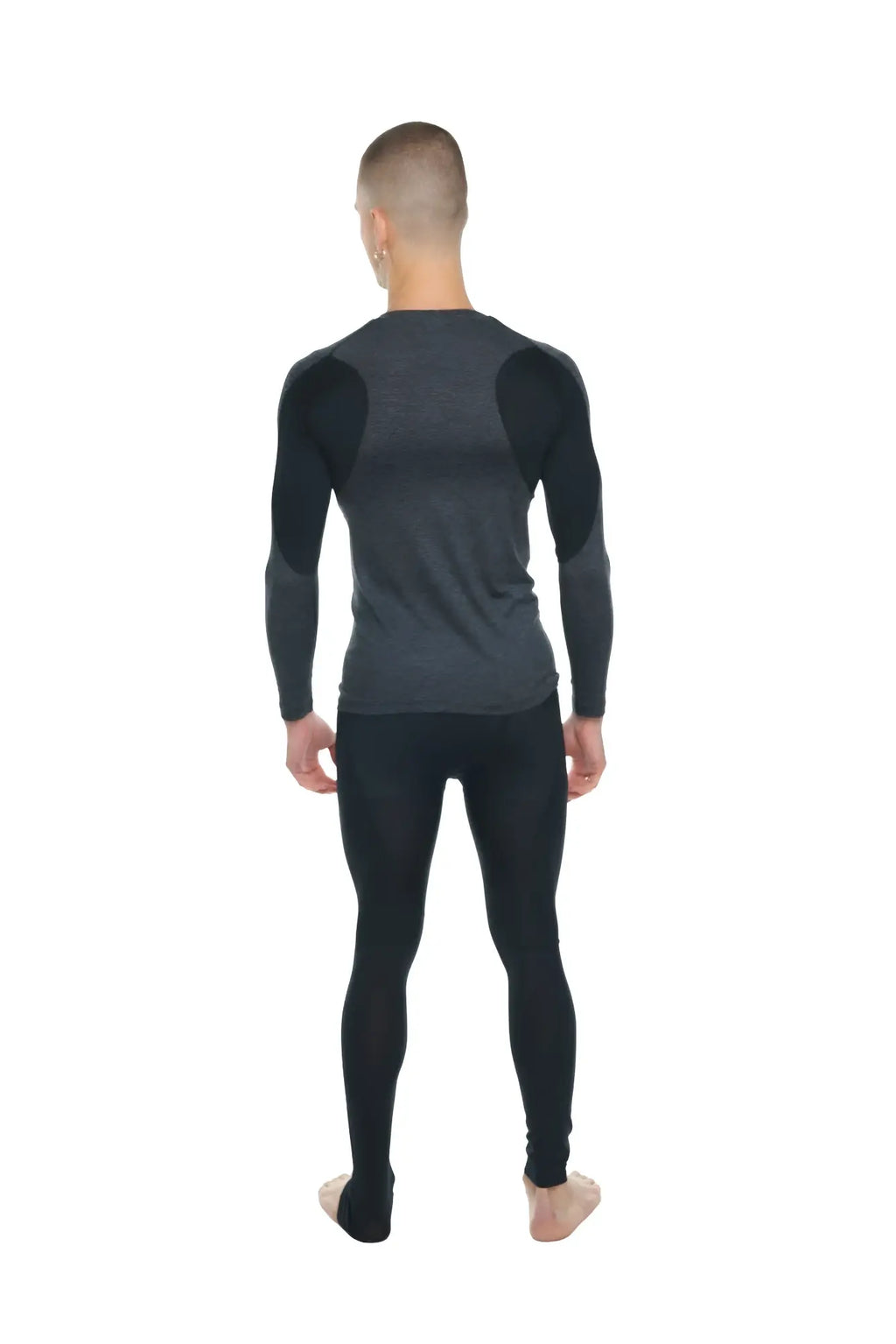 Designer raglan crew-neck long sleeve performance base layer tee in charcoal with black reinforced shoulder panels