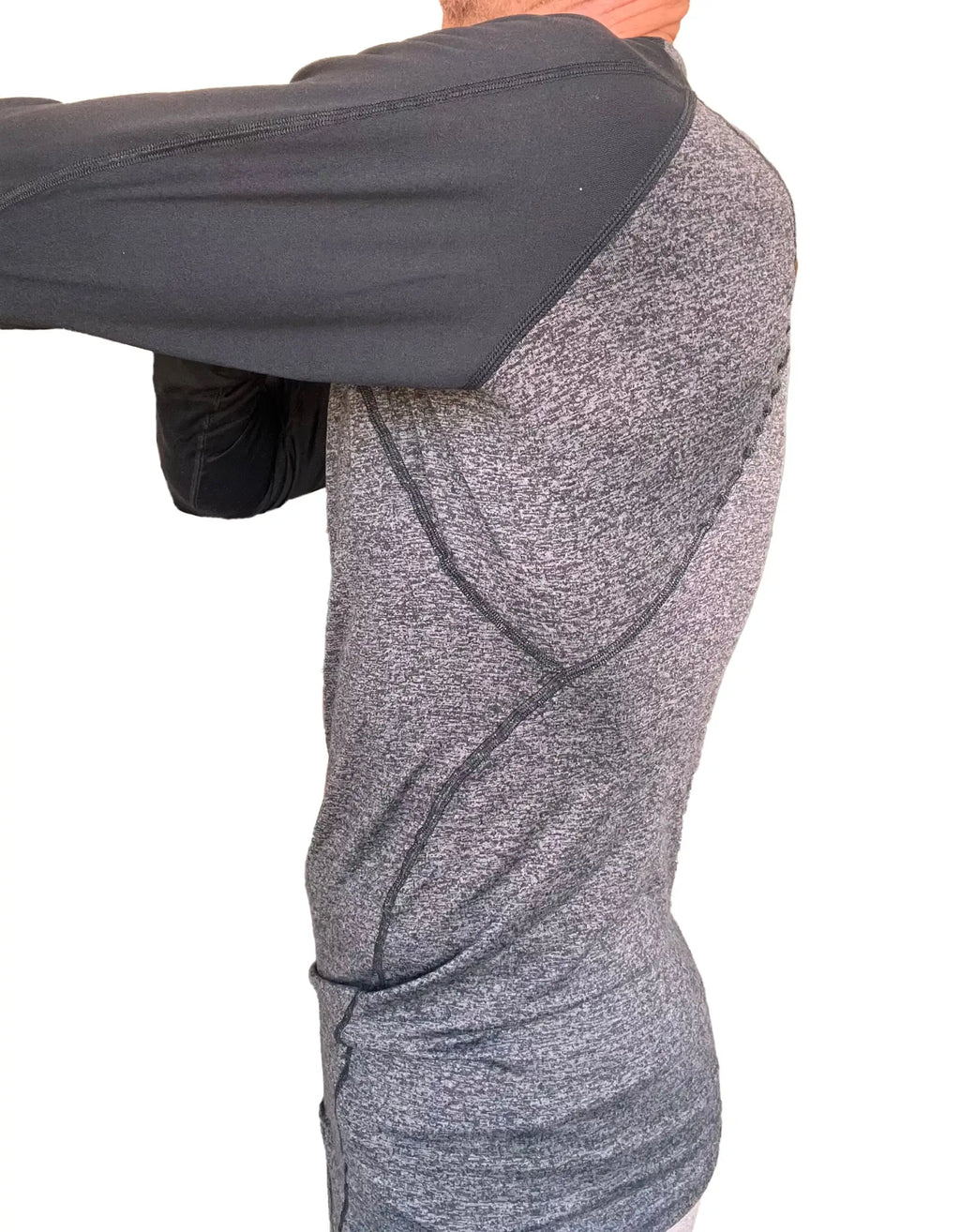 Gray heathered long sleeve designer raglan crew neck tee with black reinforced shoulder panels in charcoal with black sleeves