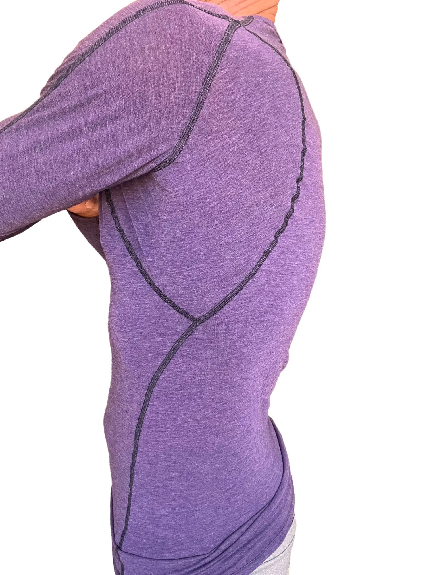 Purple heathered long sleeve designer raglan crew neck tee with dark seam stitching for athletic wear