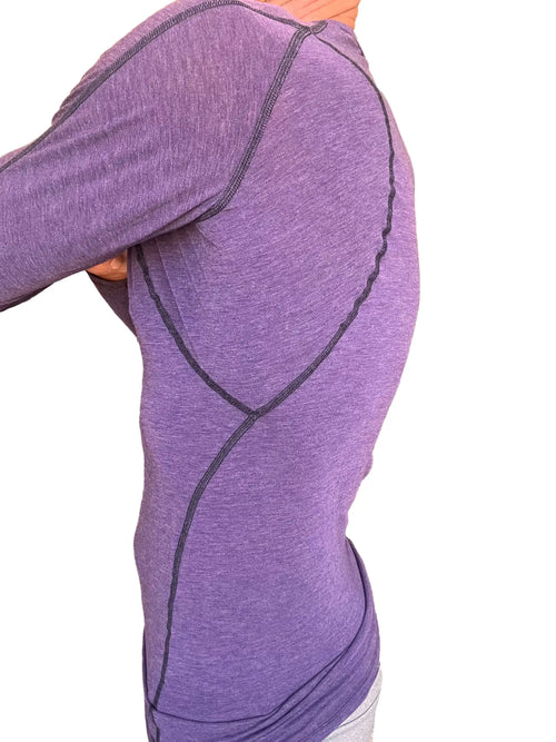 Purple heathered long sleeve designer raglan crew neck tee with dark seam stitching for athletic wear
