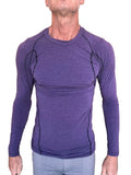 Purple long-sleeved designer raglan crew-neck tee with black seam detailing for athletic wear