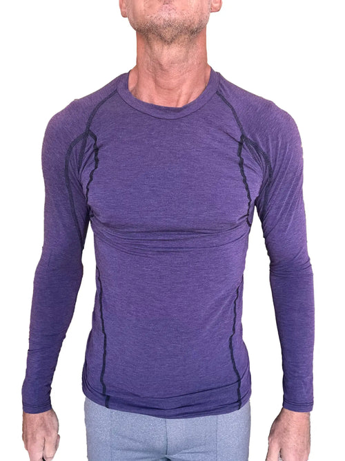 Purple long-sleeved designer raglan crew-neck tee with black seam detailing for athletic wear