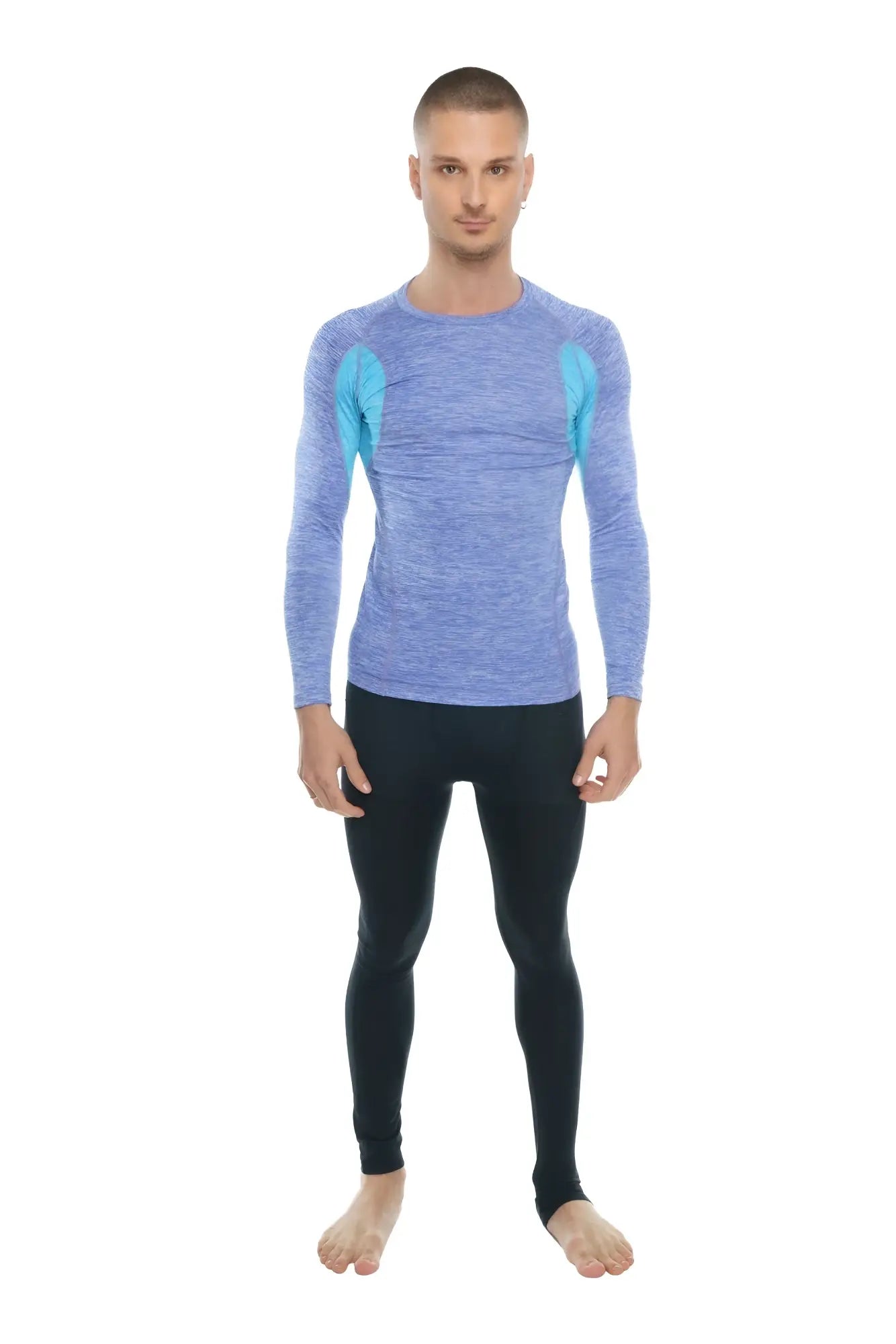 Blue and teal long-sleeved performance top with heathered texture designed as a designer raglan crew-neck tee