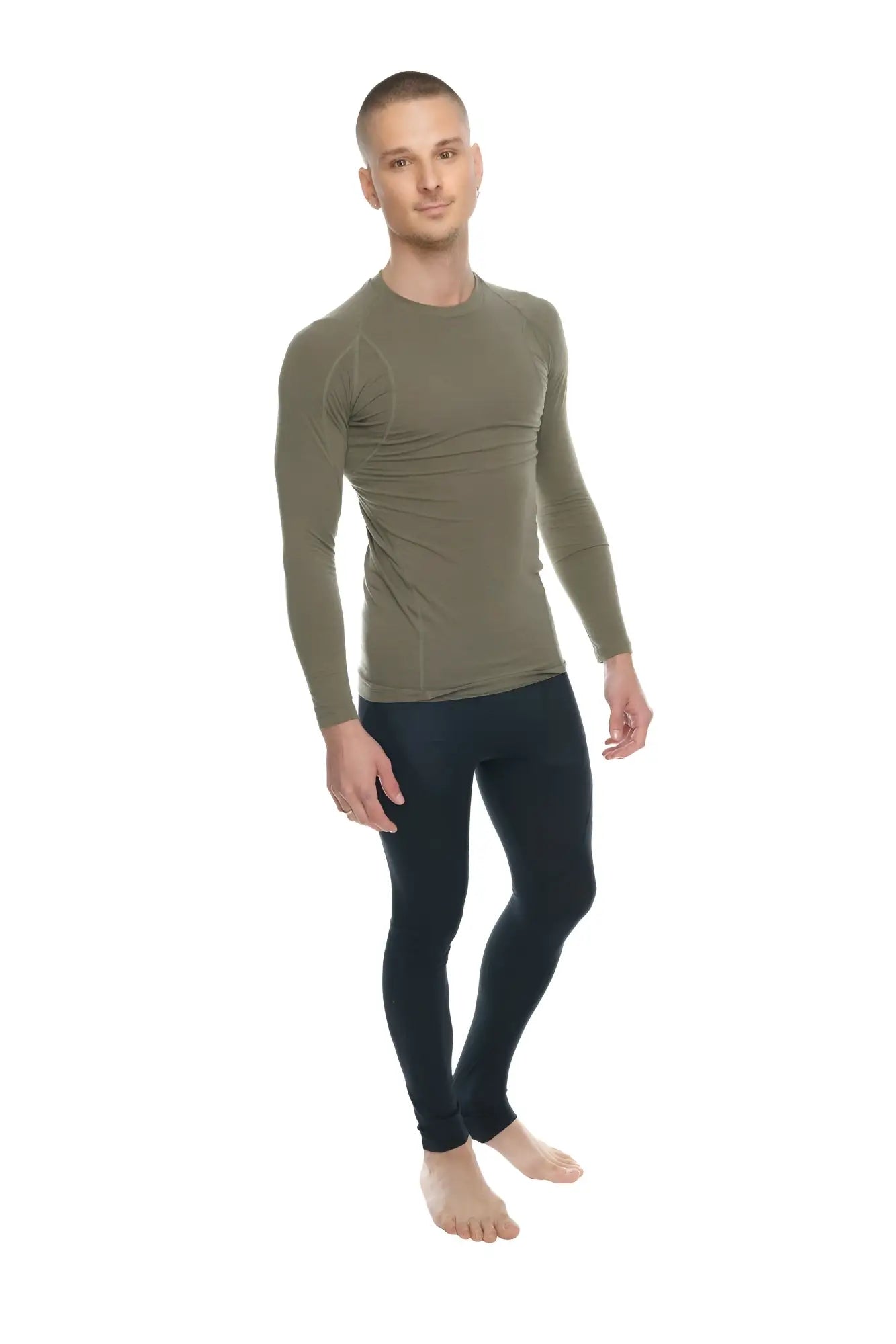 Designer raglan crew-neck tee long sleeve in olive green made of compression fabric for active wear