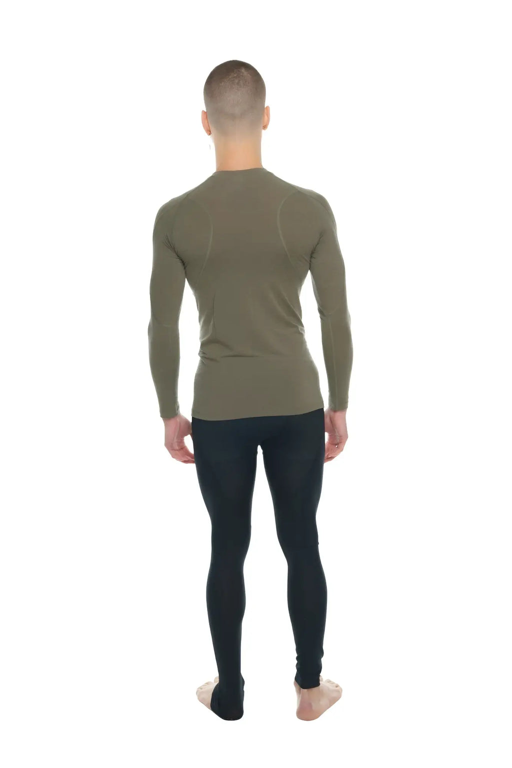 Olive green long-sleeved designer raglan crew-neck performance top with fitted seamless design