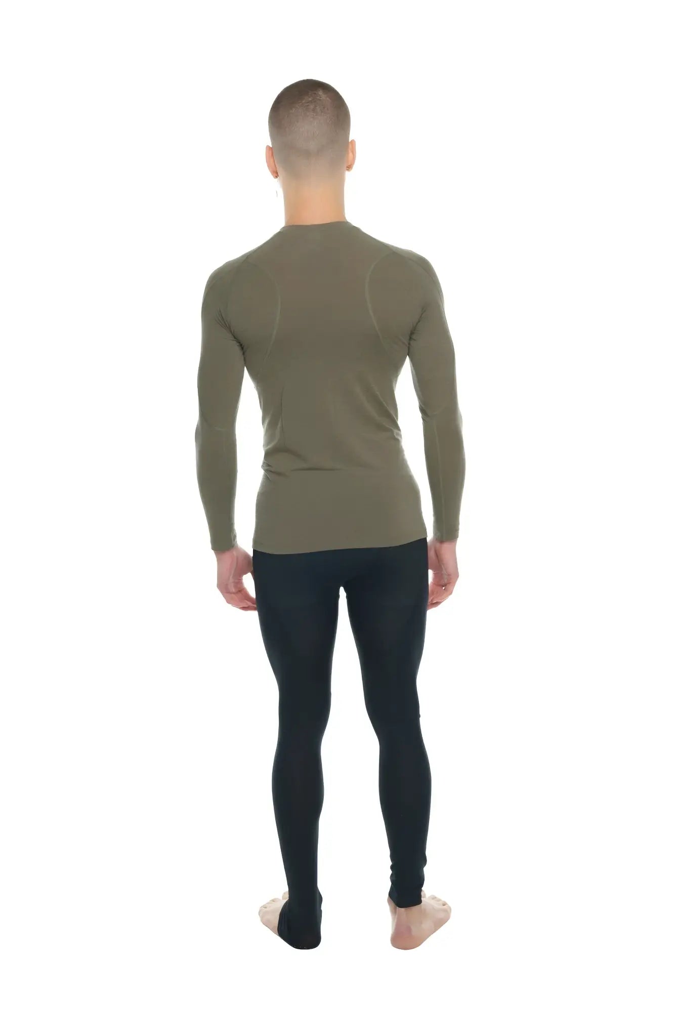 Olive green long-sleeved designer raglan crew-neck performance top with fitted seamless design