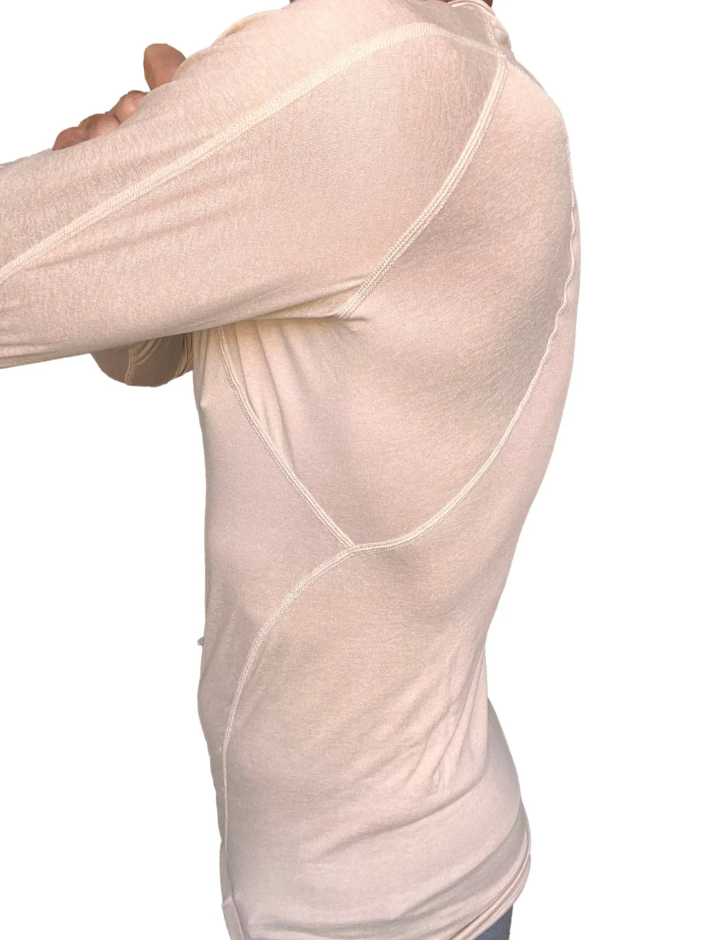 Beige long-sleeved designer raglan crew-neck compression shirt with visible seam detailing in sand beige