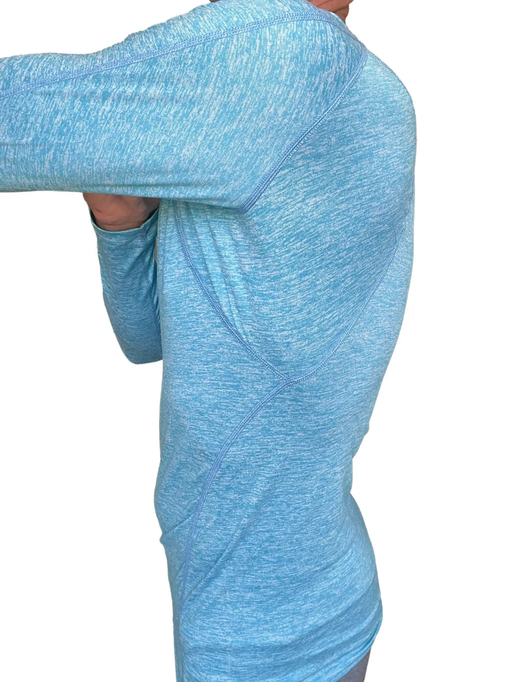 Light blue heathered long sleeve designer raglan crew neck tee with subtle seam detailing for athletic wear
