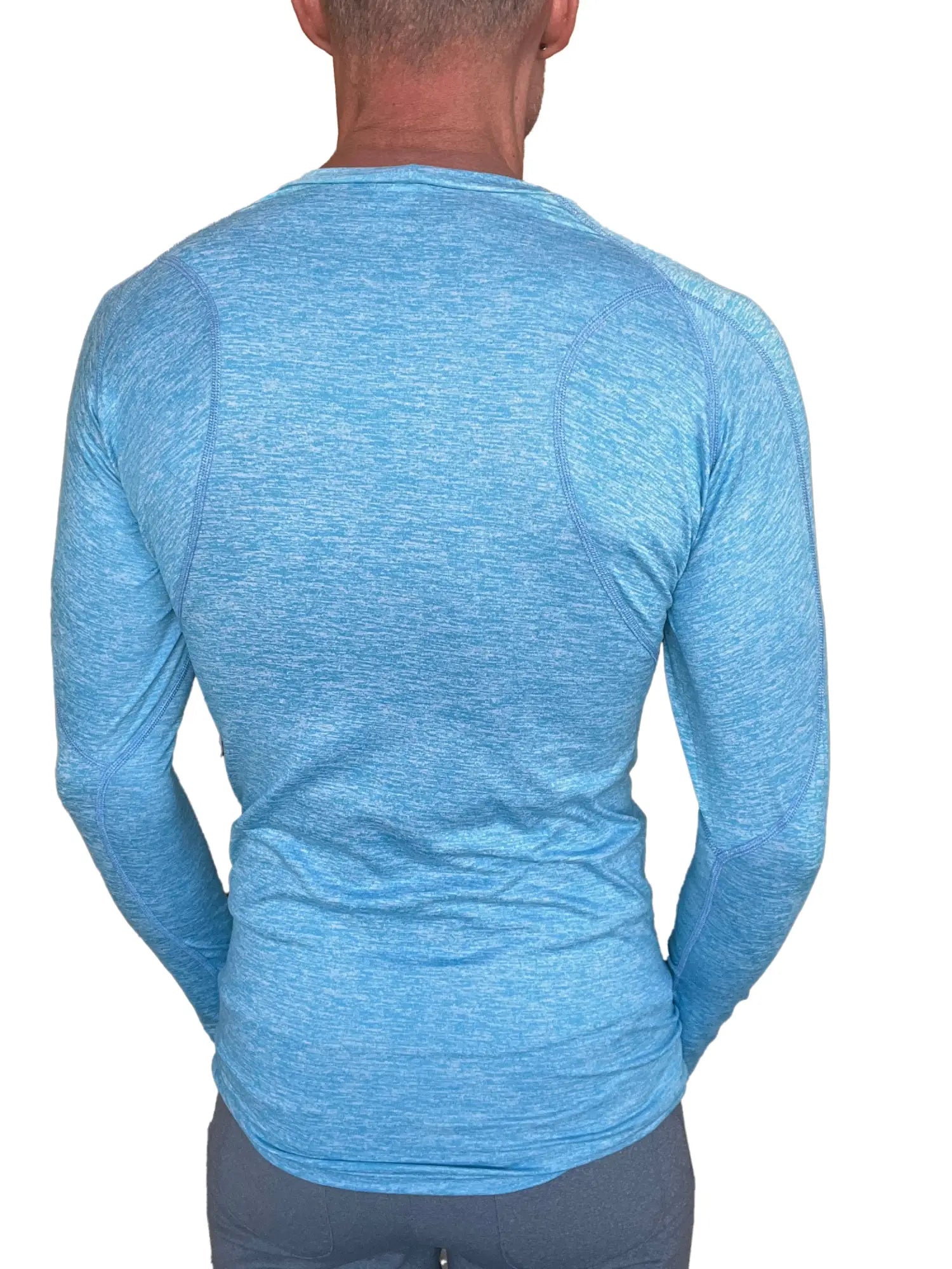 Designer raglan crew-neck tee long sleeve in light blue heathered fabric ideal for athletic wear