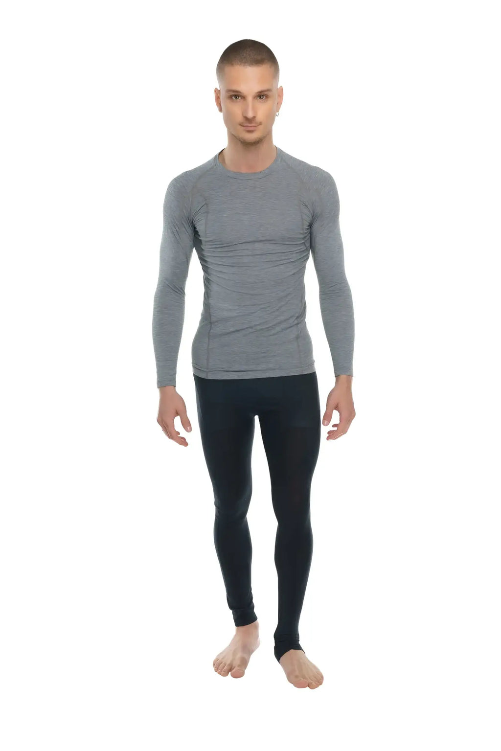 Gray long-sleeved designer raglan crew-neck compression shirt with subtle textured pattern in steel gray color