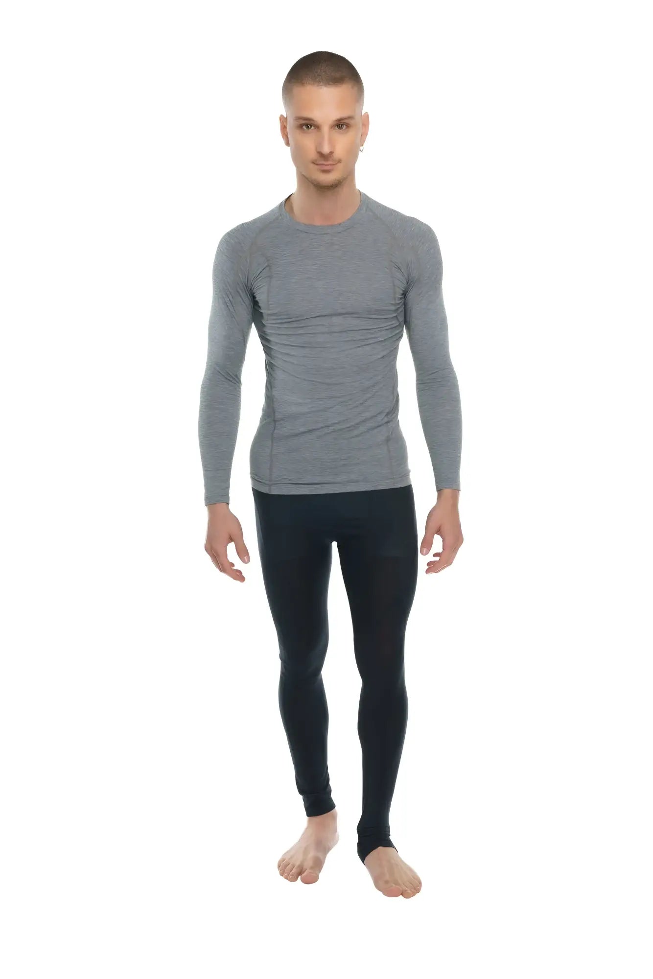 Gray long-sleeved designer raglan crew-neck compression shirt with subtle textured pattern in steel gray color