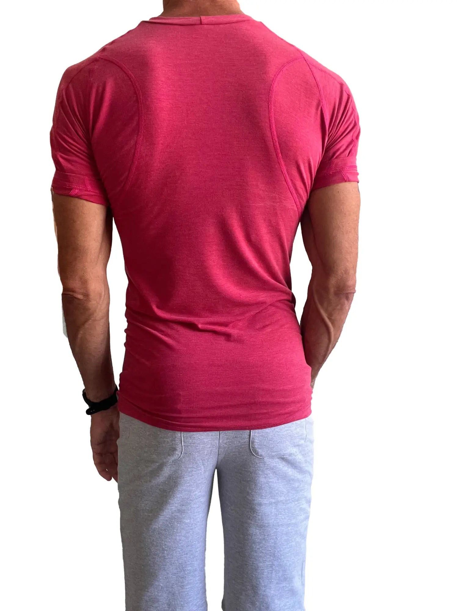 Designer raglan crew-neck tee raspberry in vibrant fuchsia short-sleeved fitted textured fabric with seam detailing