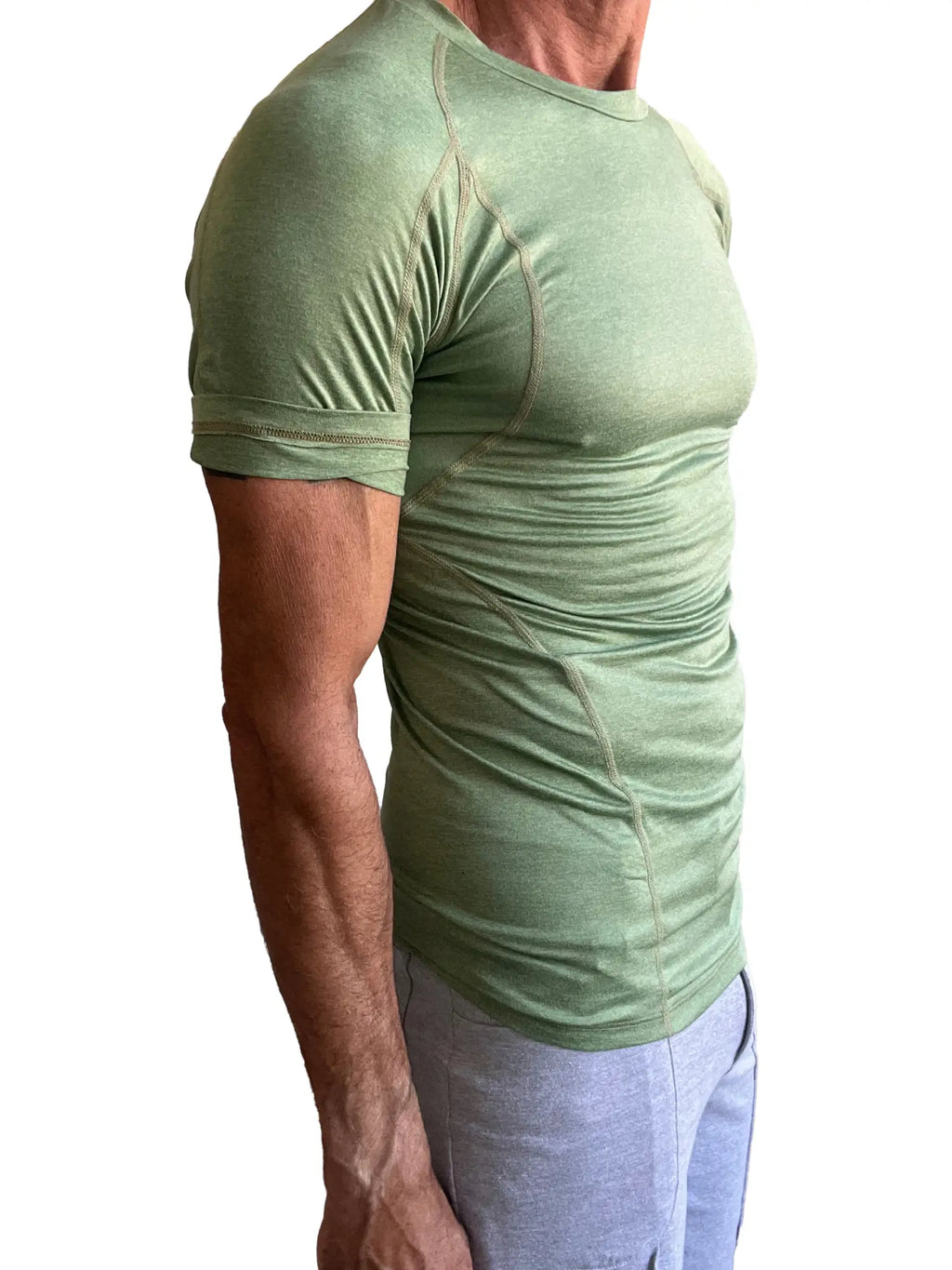 Designer raglan crew-neck tee in sage green with fitted short sleeves subtle seam detailing and ribbed cuffs