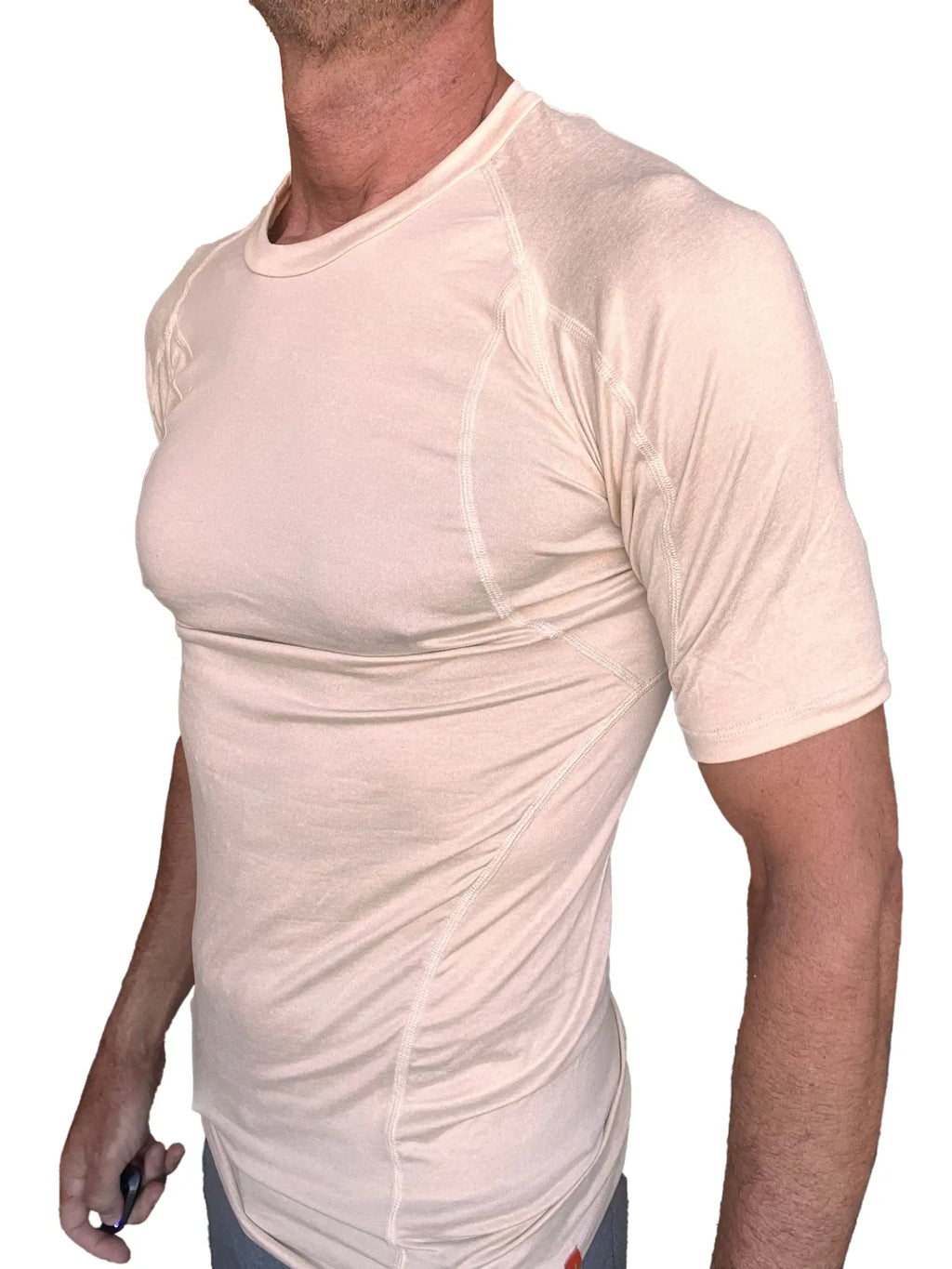 Beige short-sleeved athletic shirt with subtle seam detailing designed as a designer raglan crew-neck tee sand beige