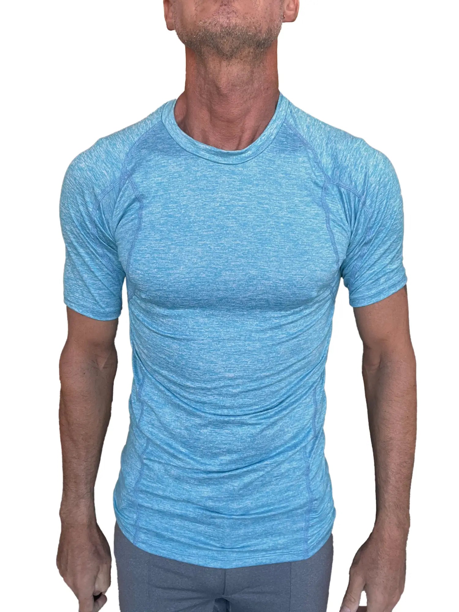 Light blue heathered short-sleeve designer raglan crew neck athletic shirt ideal for activewear