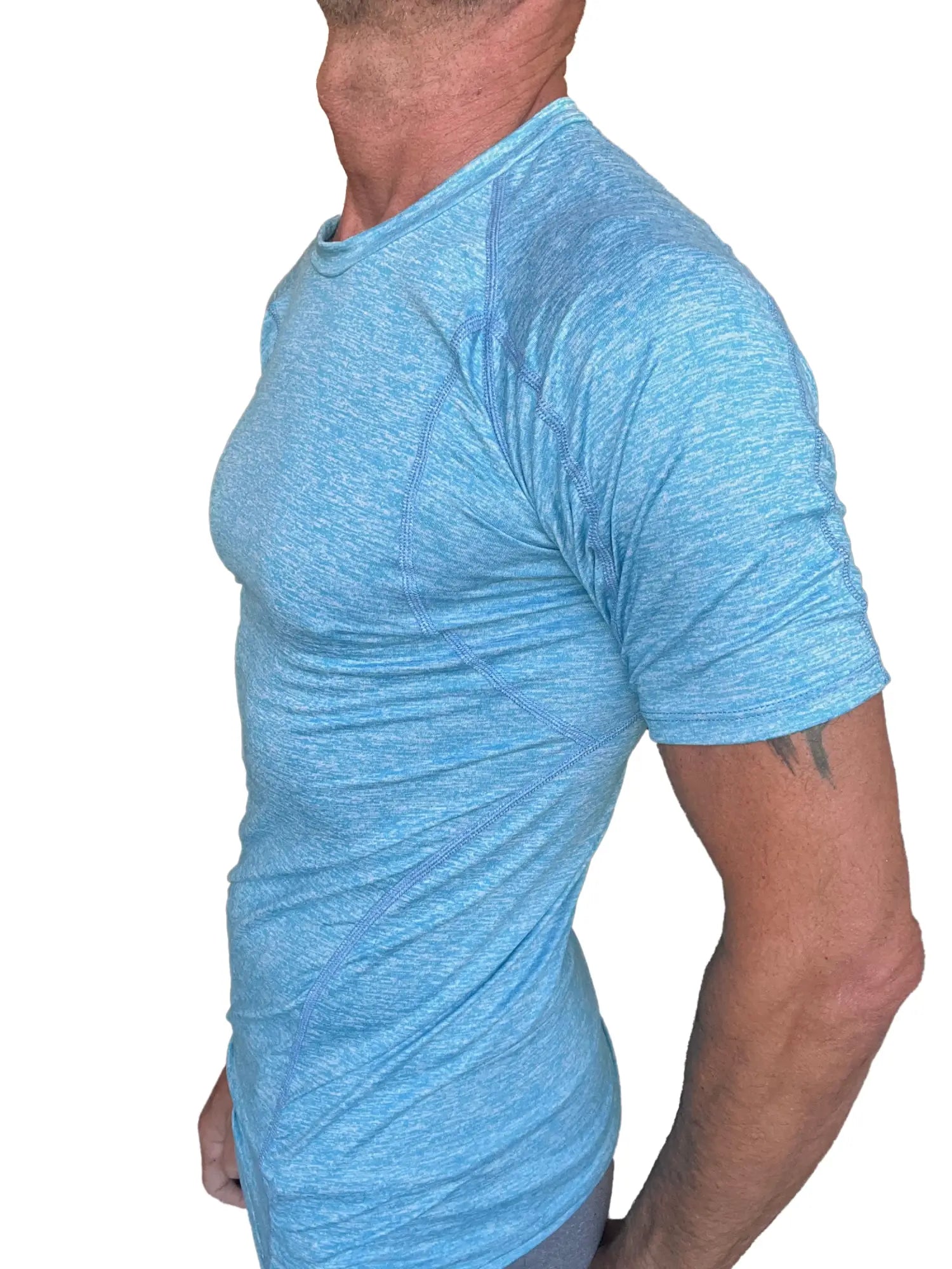 Light blue heathered short-sleeve athletic shirt with subtle seam detailing from designer raglan crew-neck tee solid coral shelf