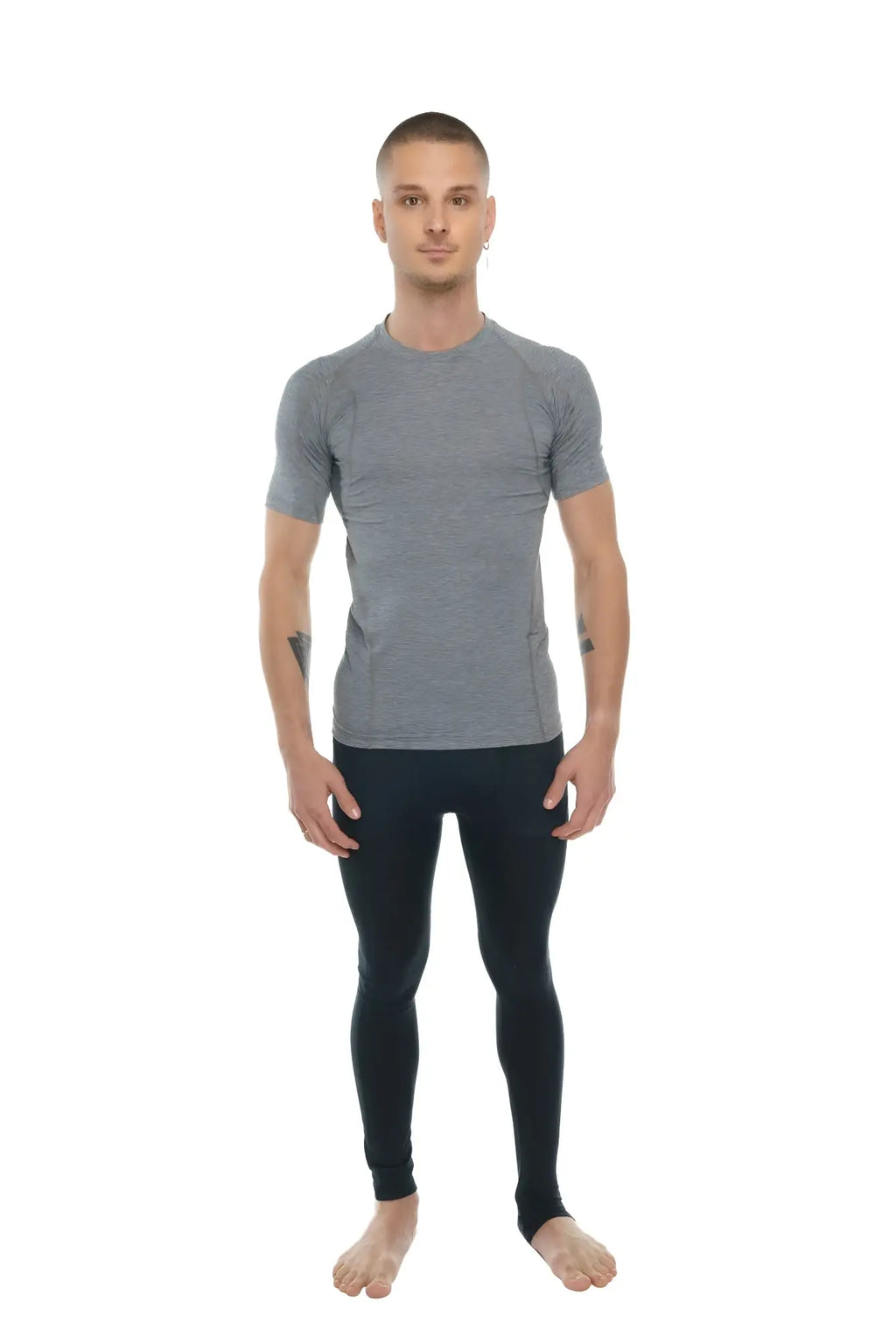 Designer raglan crew-neck tee in steel gray features a gray heathered short-sleeved athletic shirt with subtle seam detailing