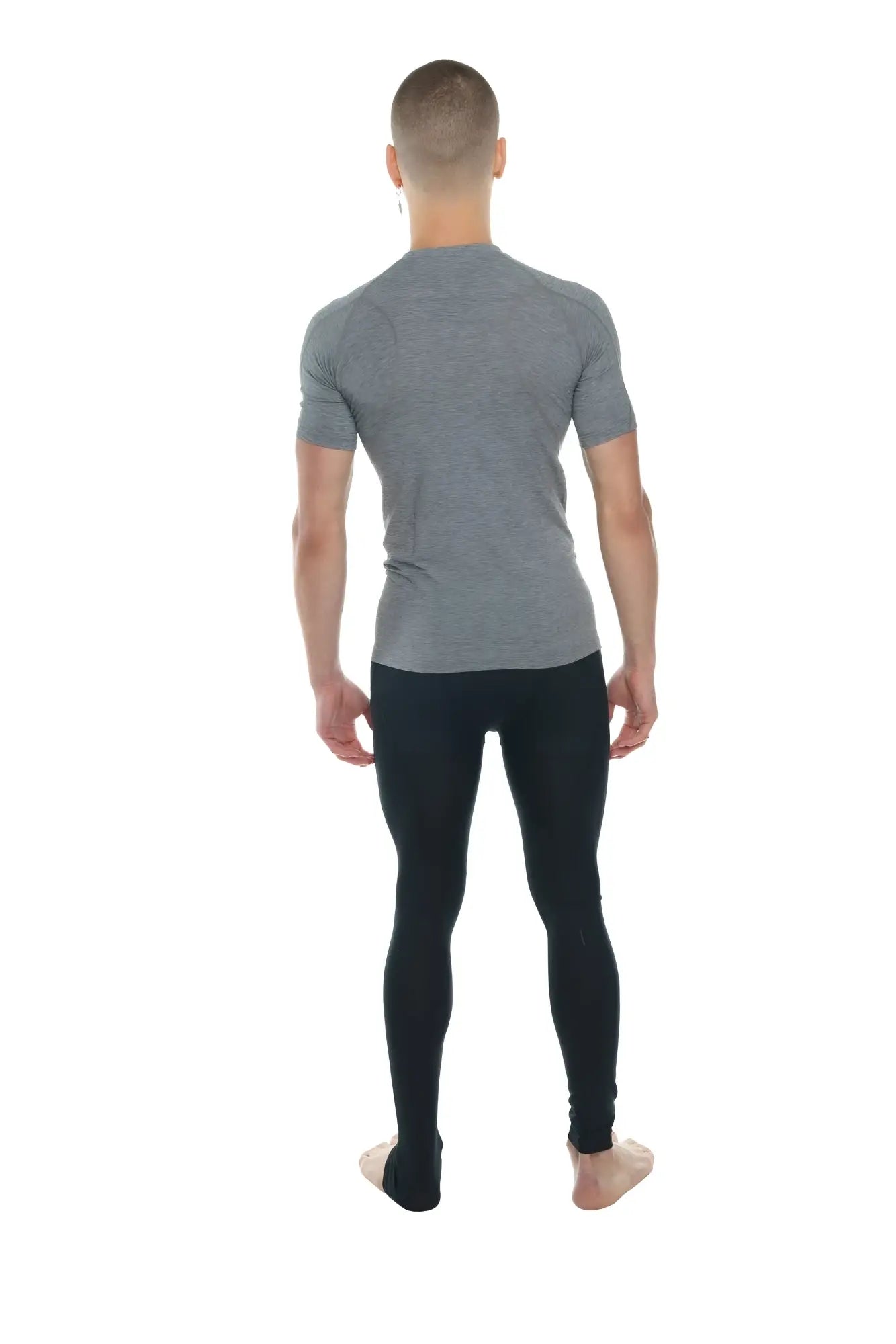 Designer raglan crew neck tee in steel gray with gray heathered short sleeves and fitted athletic design