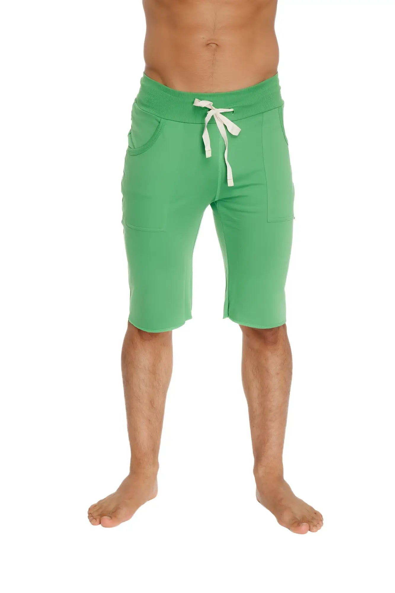 Eco-track short in bamboo green featuring green athletic shorts with white drawstring and side pockets front view
