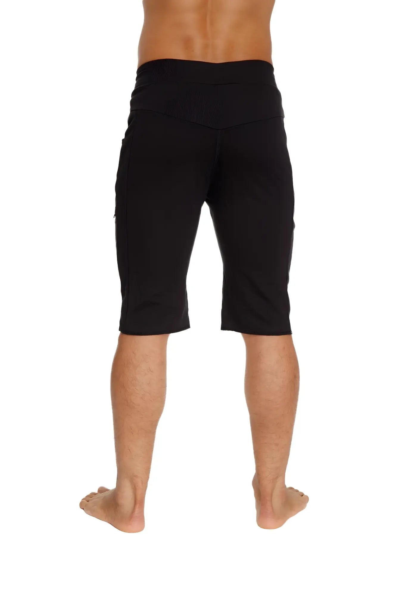 Black eco-track short with mid-thigh length relaxed fit and multiple pockets for versatile outdoor use