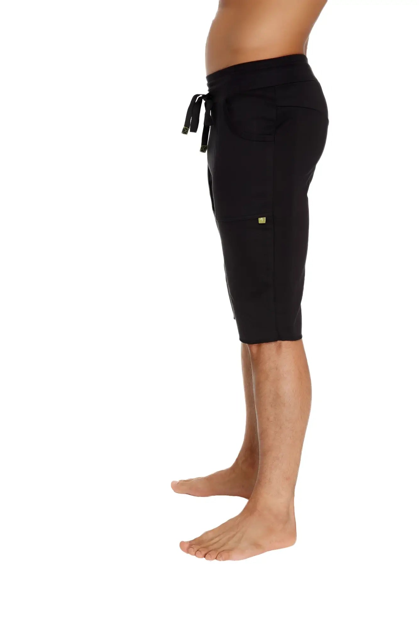 Black eco-track shorts with drawstring and small gold logo on the side perfect for activewear