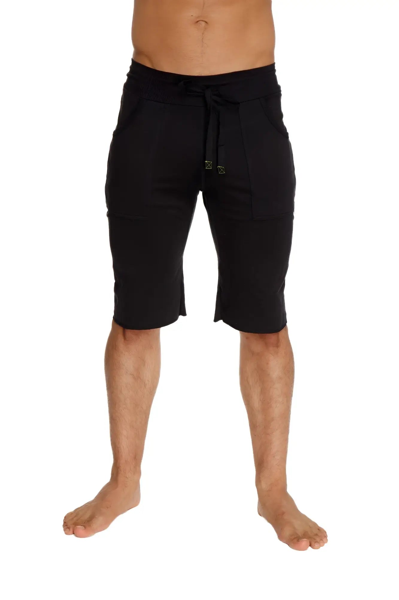 Eco-track short black drawstring shorts with soft stretchy fabric and subtle gold logo on the front