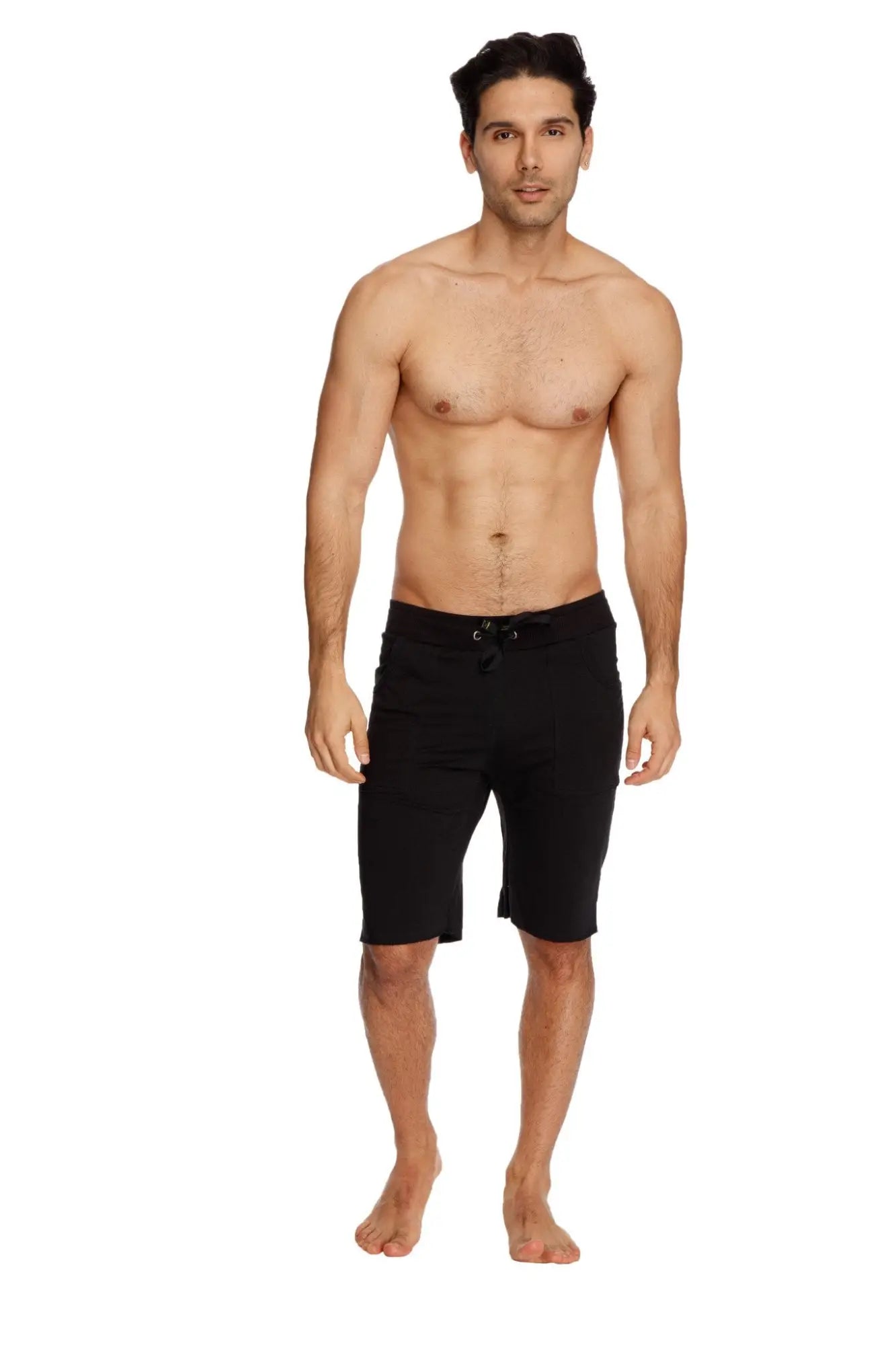 Black eco-track short swim trunks with drawstring waist made from eco-friendly fabric for comfortable water use