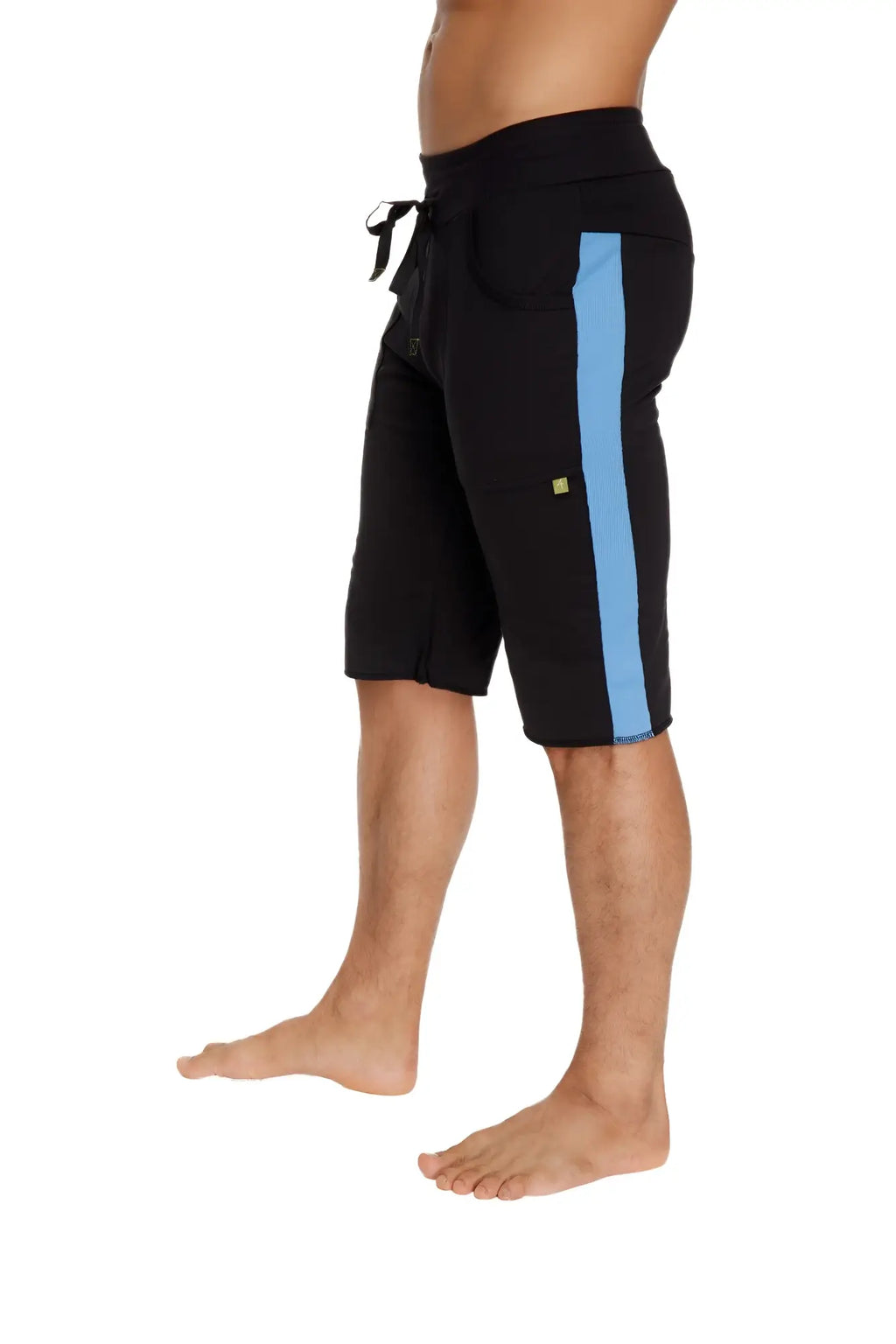 Eco-track short black with ice features lightweight athletic shorts with a light blue side stripe and elastic waistband
