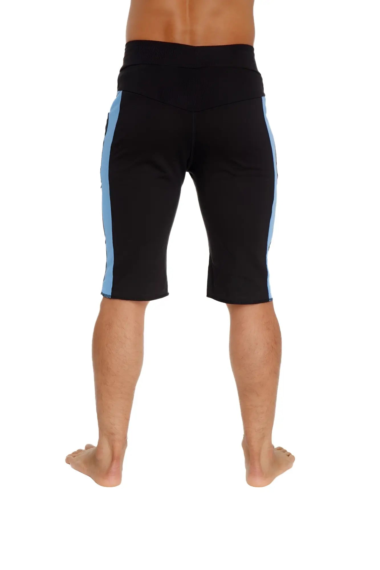 Eco-track short black athletic shorts with light blue side stripes designed for eco-friendly performance