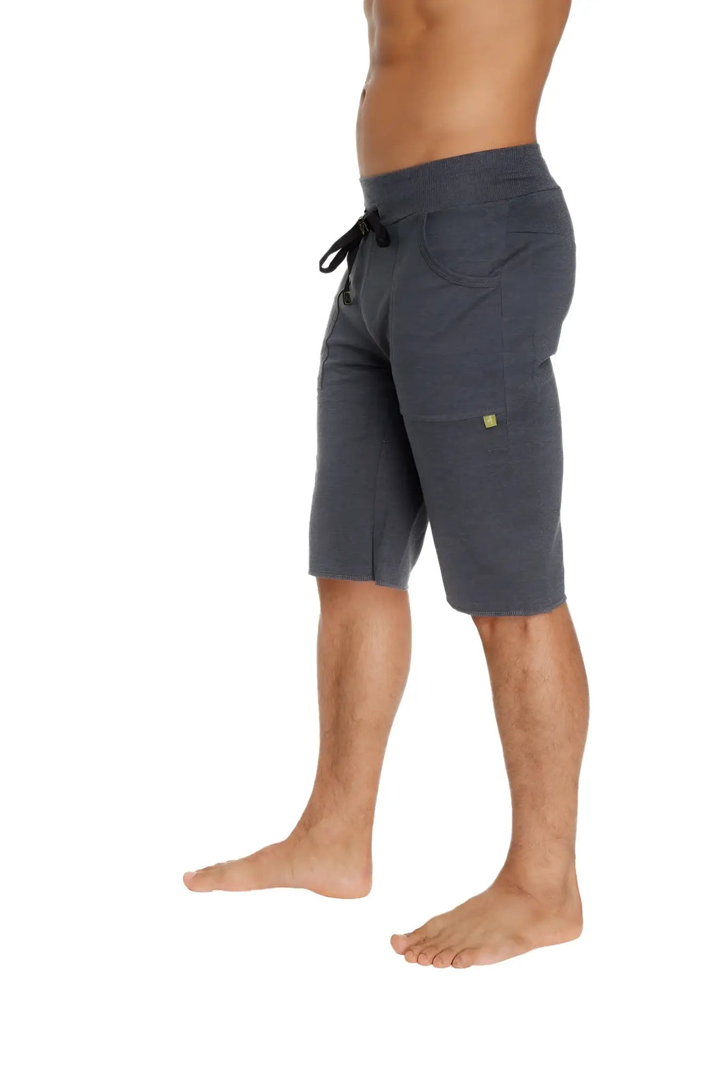 Dark gray eco-track shorts with soft texture drawstring waist and side pockets for comfortable casual wear