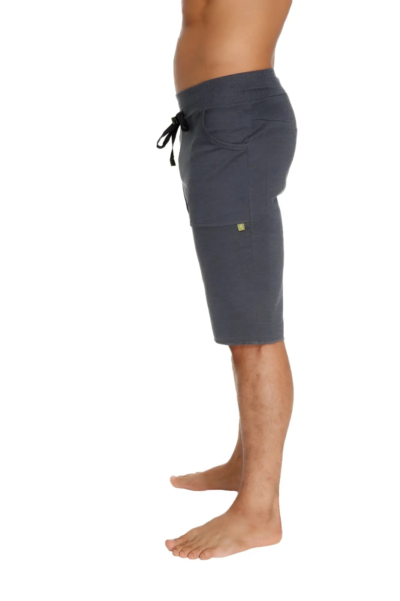 Dark gray eco-track soft textured shorts with drawstring waist and side pockets for casual wear