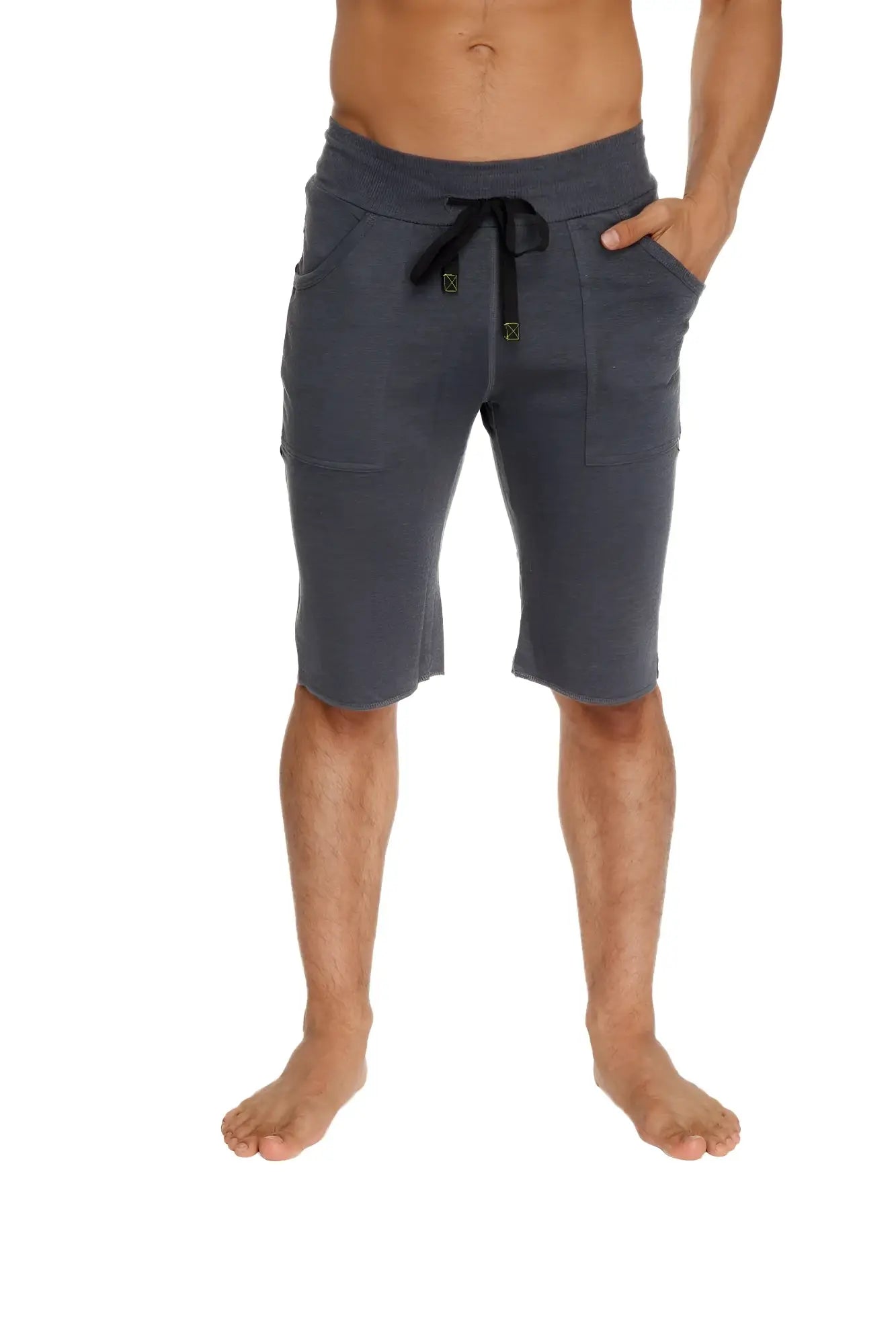 Eco-track short charcoal with black featuring dark gray soft-textured fabric drawstring waistband and two front pockets