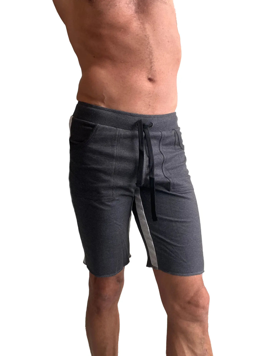 Eco-track short charcoal with grey side panels featuring dark gray fabric and a black drawstring for athletic wear