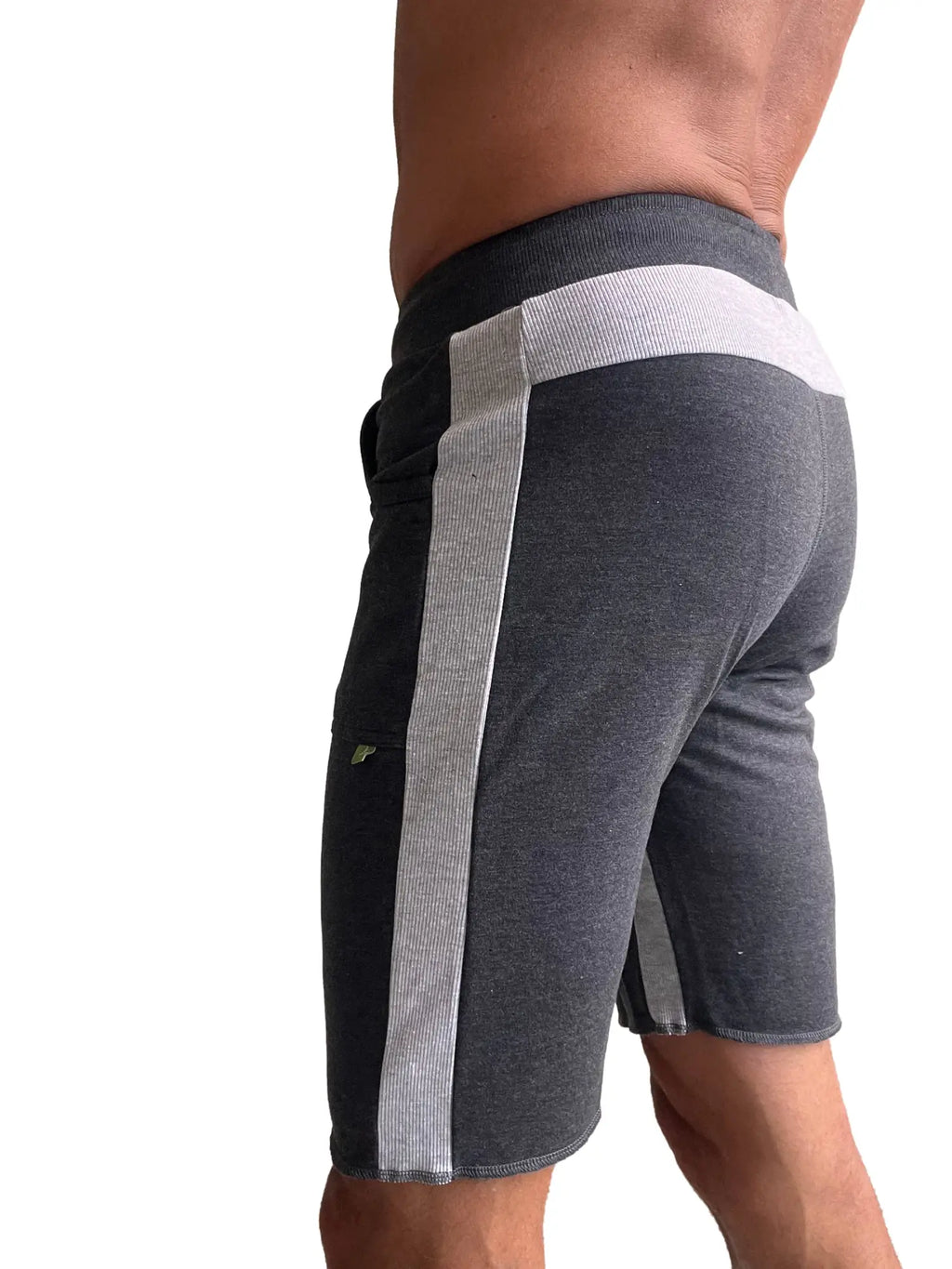 Eco-track short charcoal w grey athletic shorts with light gray vertical stripe and matching ribbed waistband