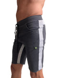 Dark gray eco-track athletic shorts with white vertical stripes and black drawstring waistband in charcoal w gray