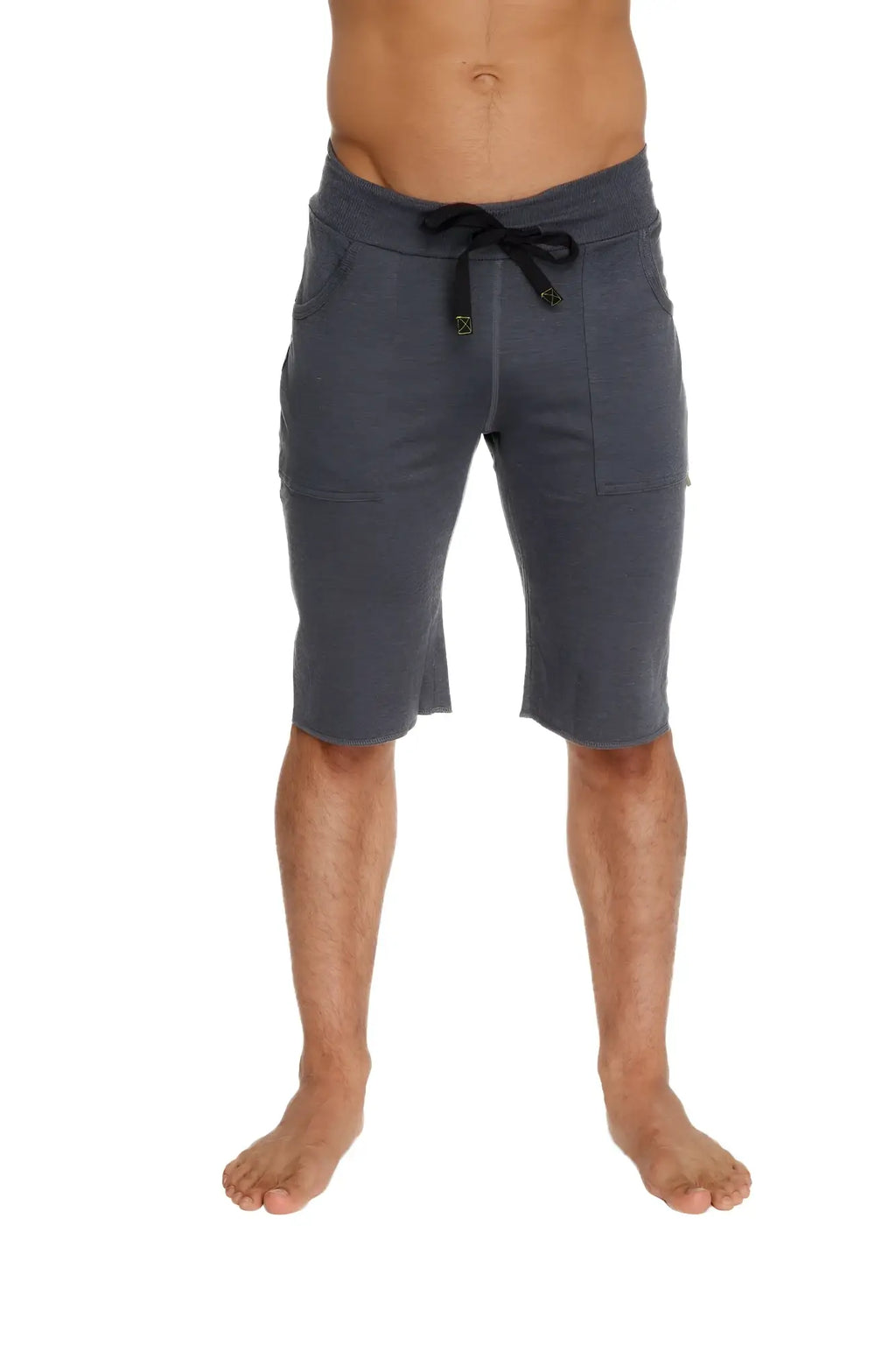 Eco-track short charcoal with royal blue features dark gray athletic fabric black drawstring waistband and two side pockets
