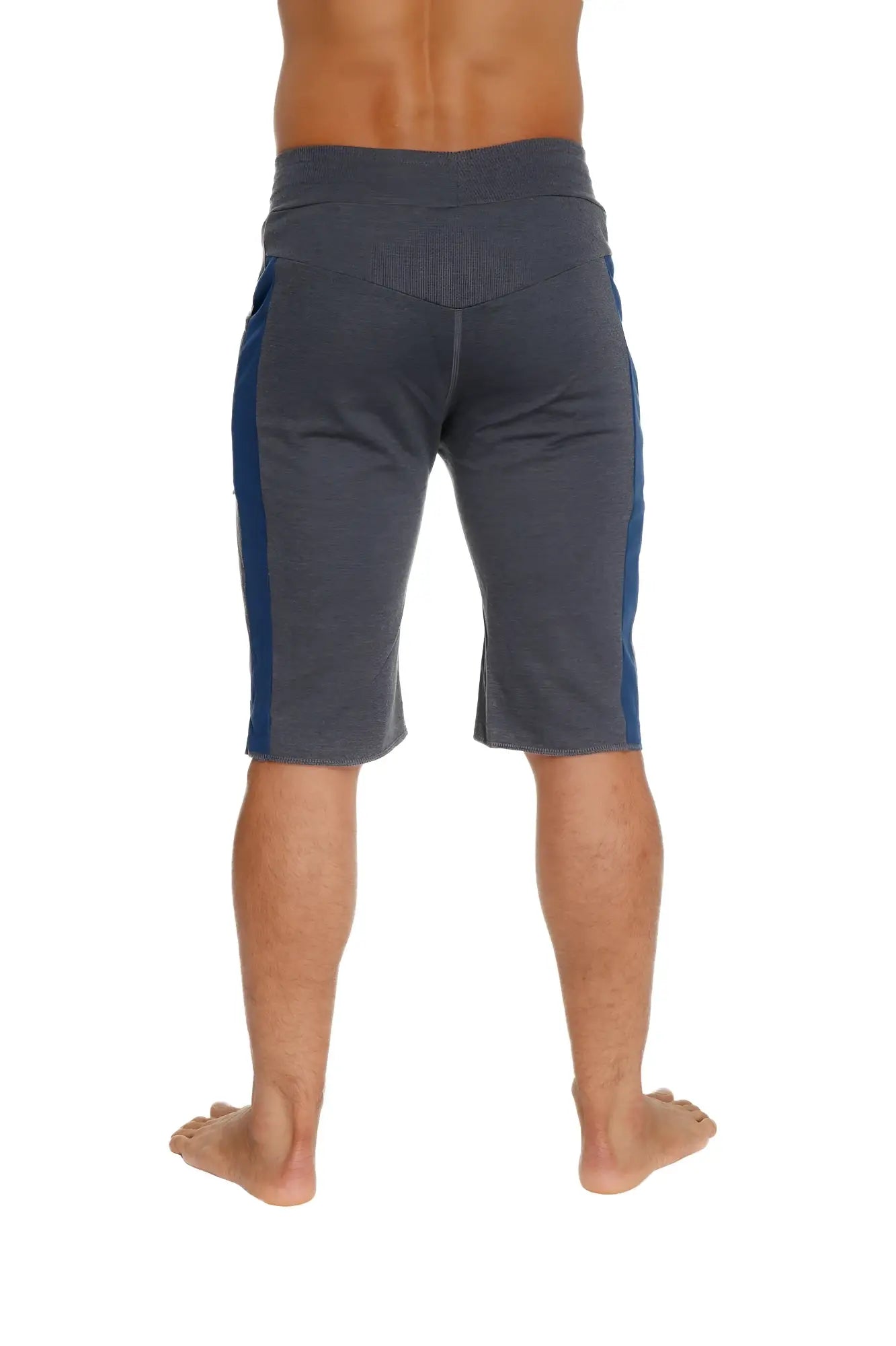 Gray eco-track athletic shorts with royal blue side stripes made from sustainable fabric for active wear