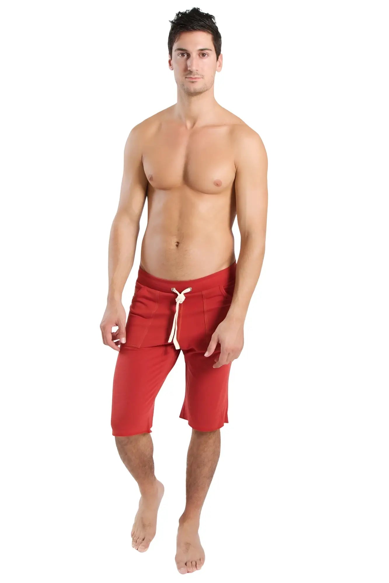 Eco-track short cinnabar red athletic shorts with white drawstring waistband designed for comfortable activewear