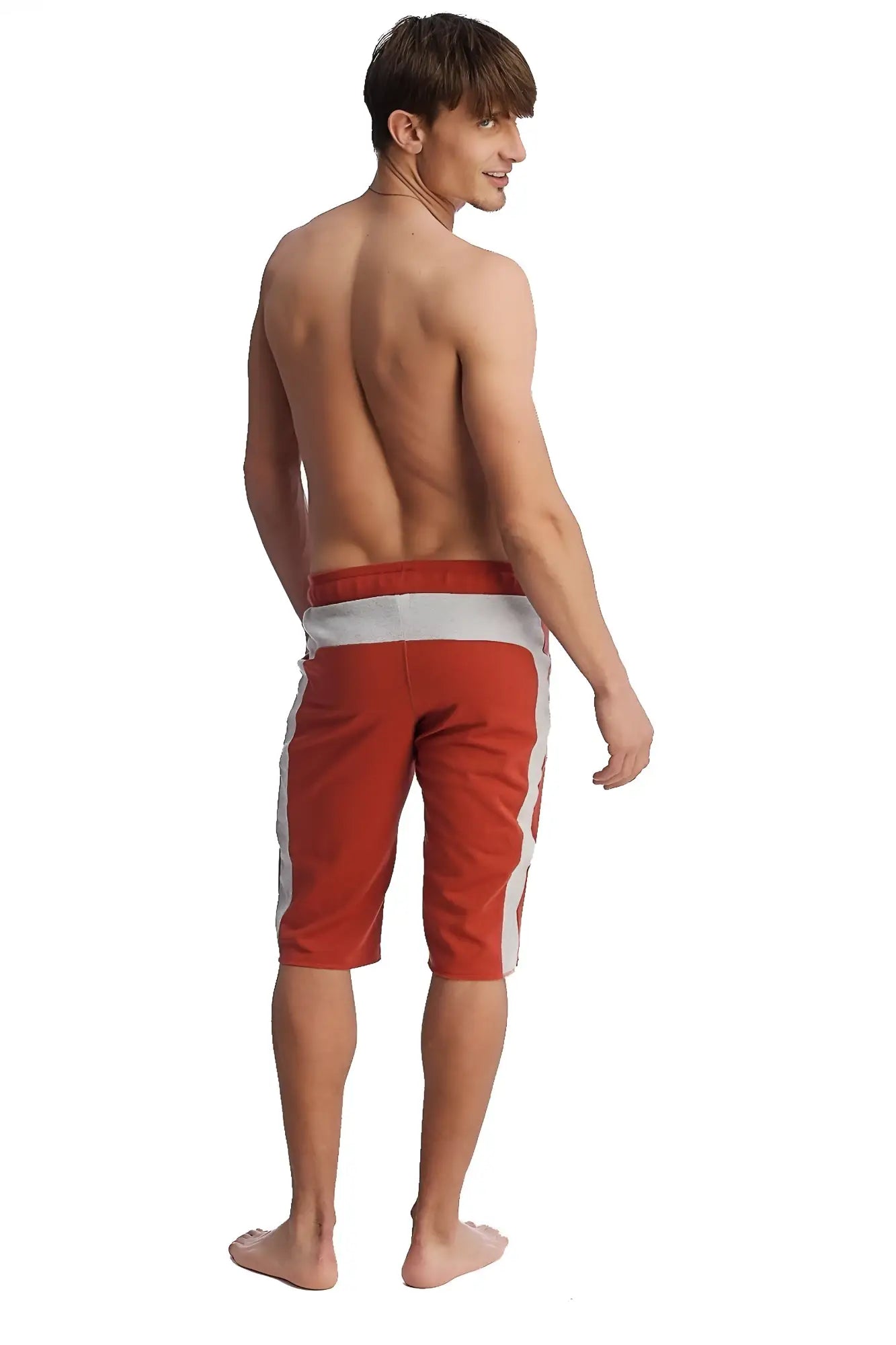 Eco-track short cinnabar w grey red athletic shorts with white side stripes and gray waistband for active wear
