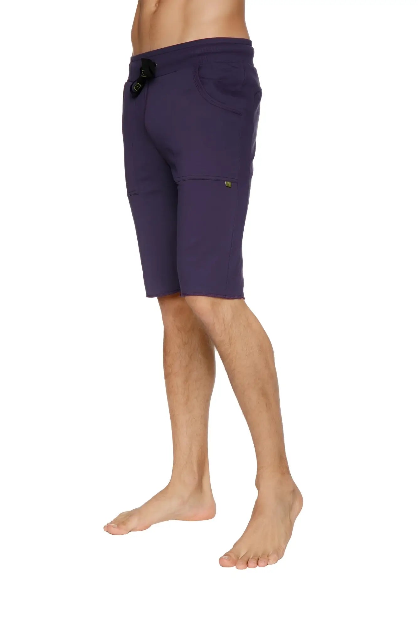 Eco-Track short eggplant color with a drawstring waistband and multiple pockets made from eco-friendly fabric