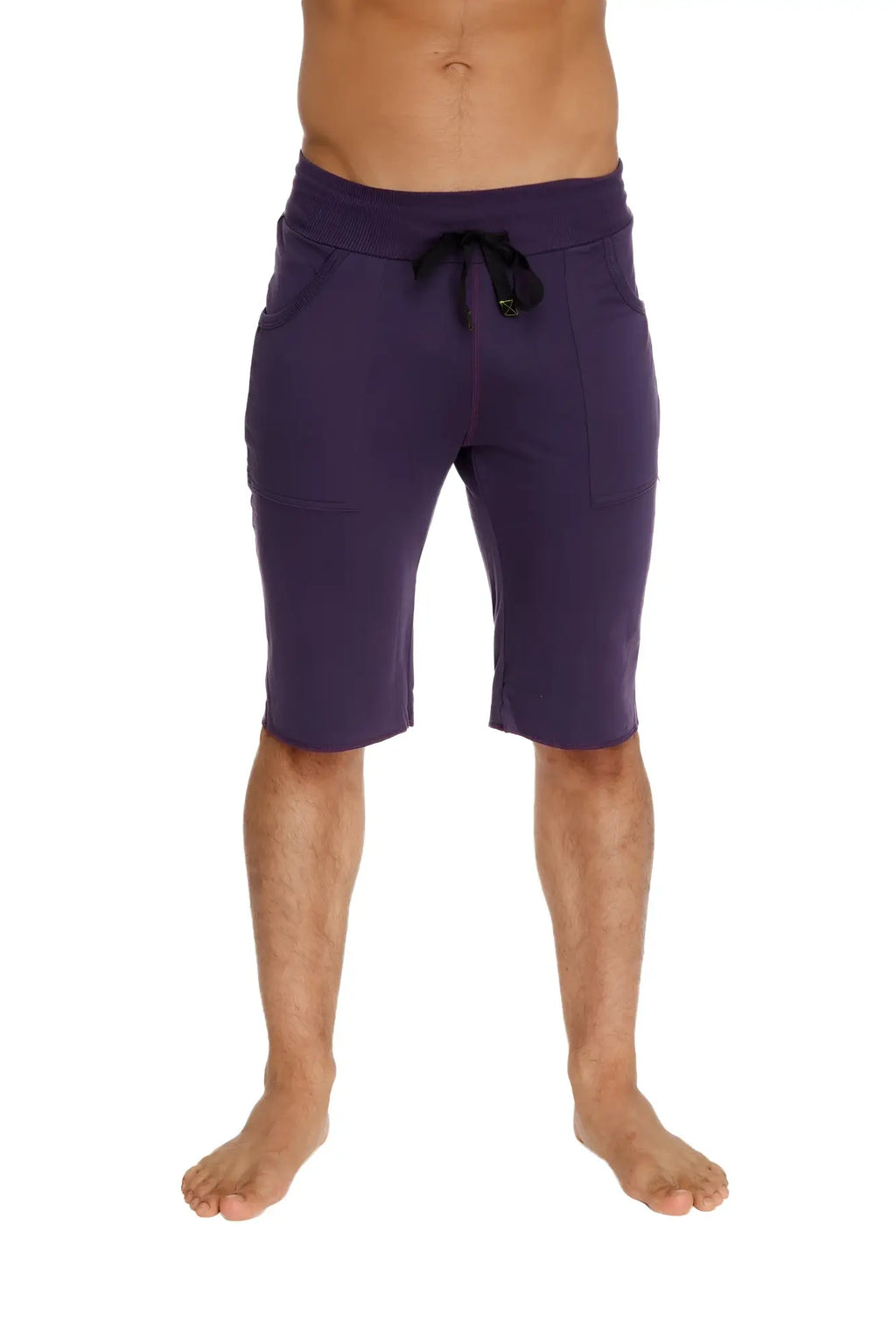 Purple eco-track athletic shorts with black drawstring waistband and side pockets for activewear use