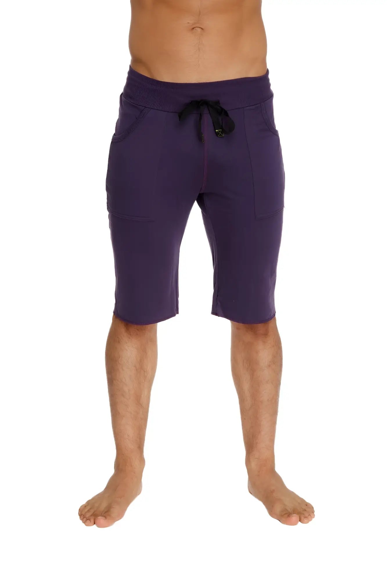 Purple eco-track athletic shorts with black drawstring waistband and side pockets for activewear use