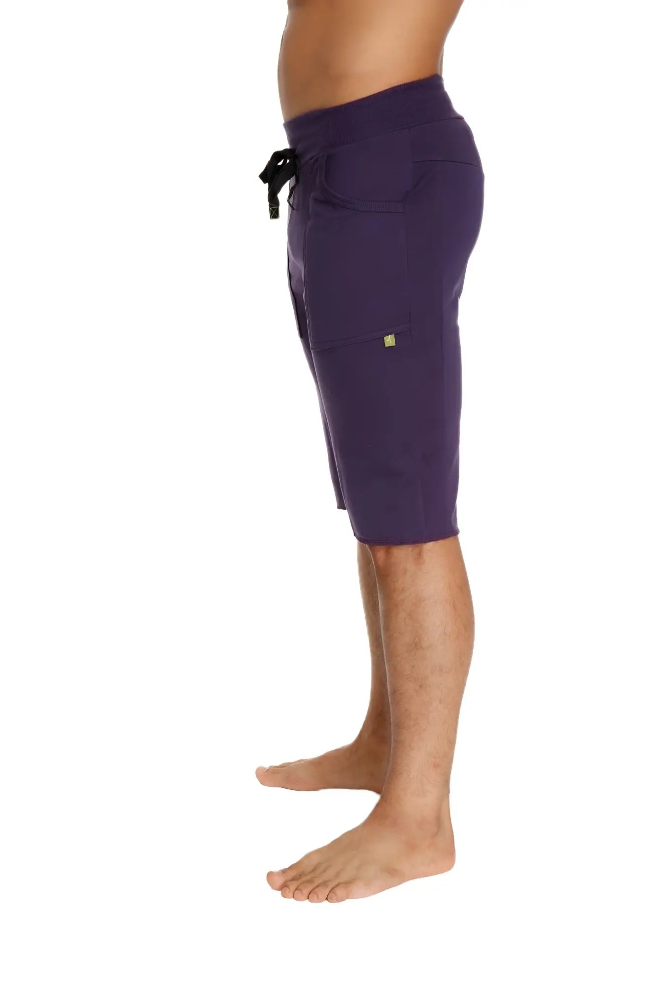 Eco-track short purple athletic shorts with drawstring waistband side pockets and yellow logo on thigh