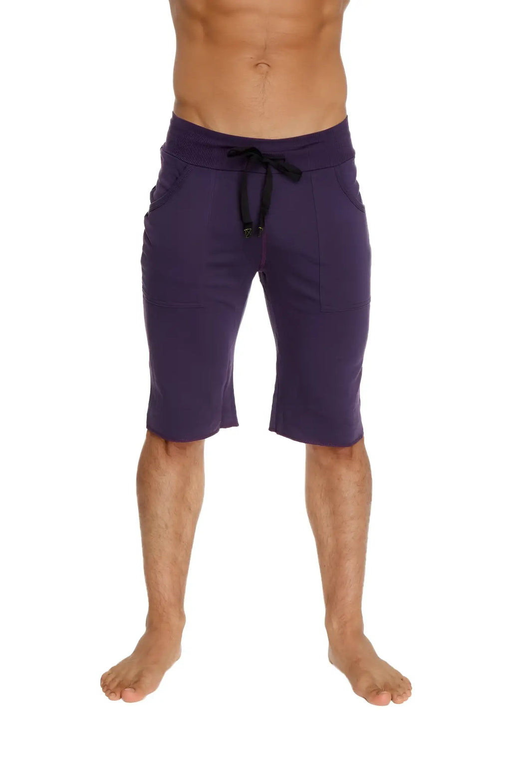 Eco-track short in eggplant with black drawstring waistband made from sustainable fabric for athletic use