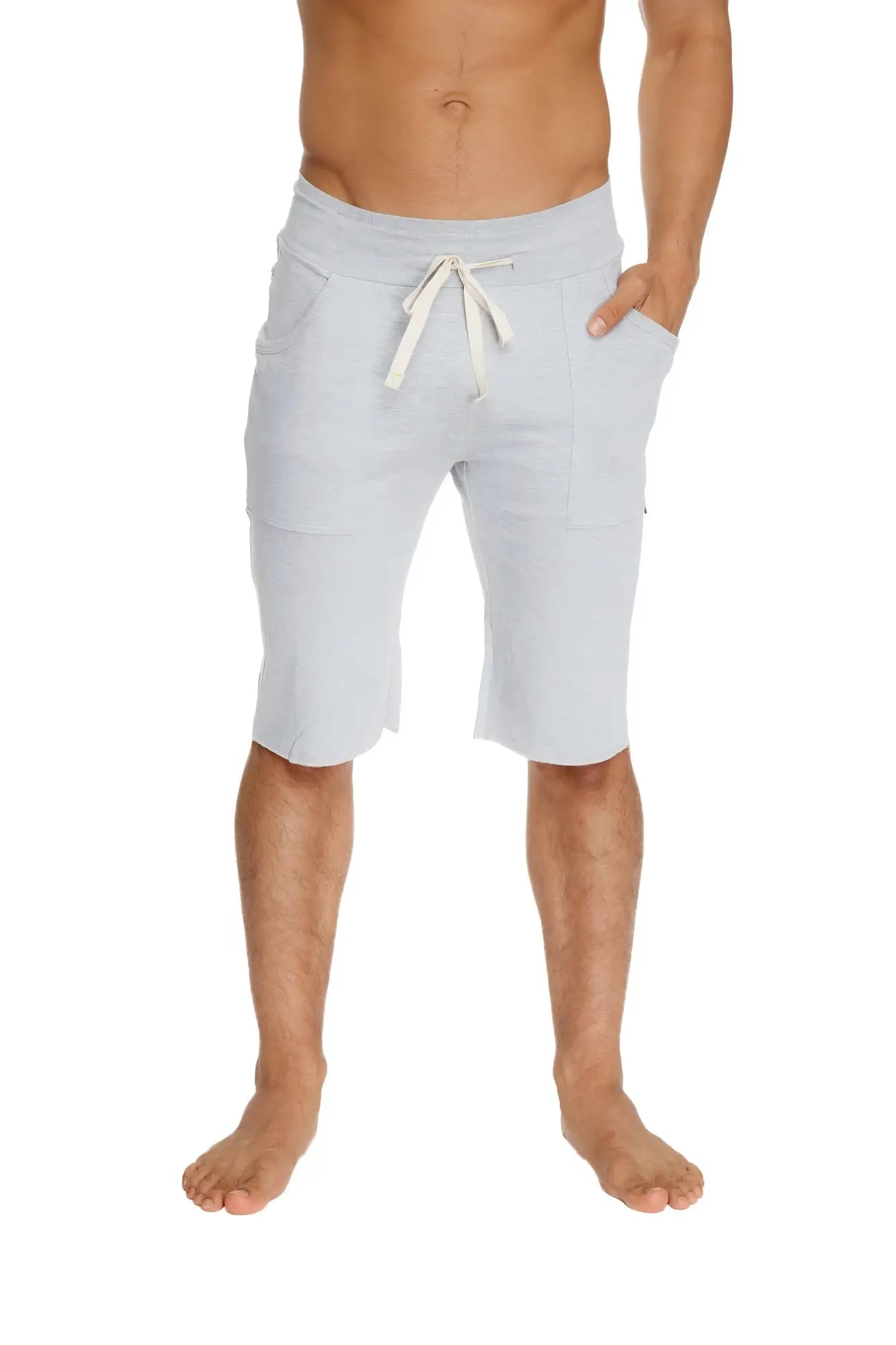 Eco-track short in heather grey with soft texture drawstring waistband and two side pockets for casual wear