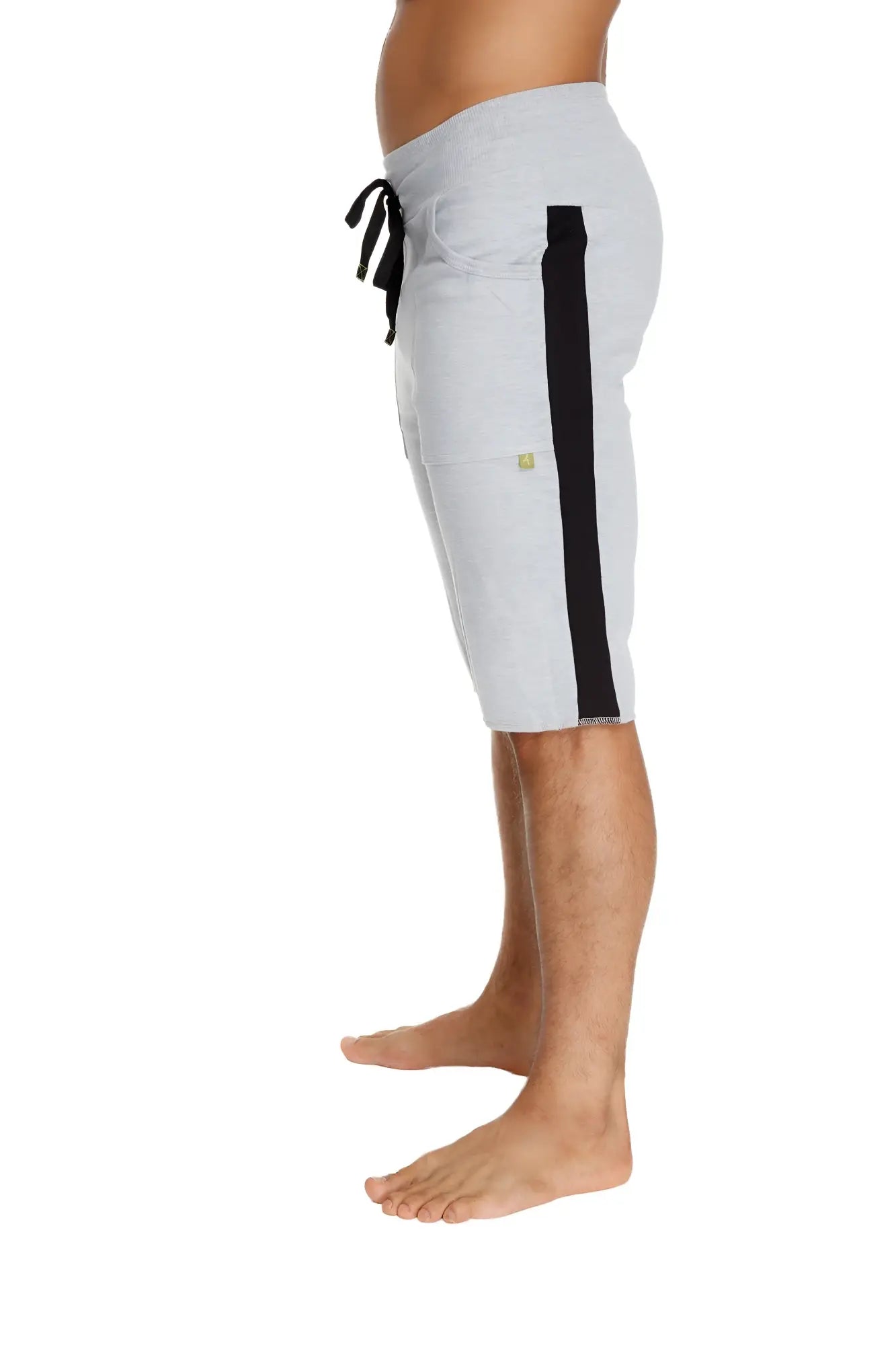 Eco-track short heather grey athletic shorts with black vertical stripe and matching drawstring waistband